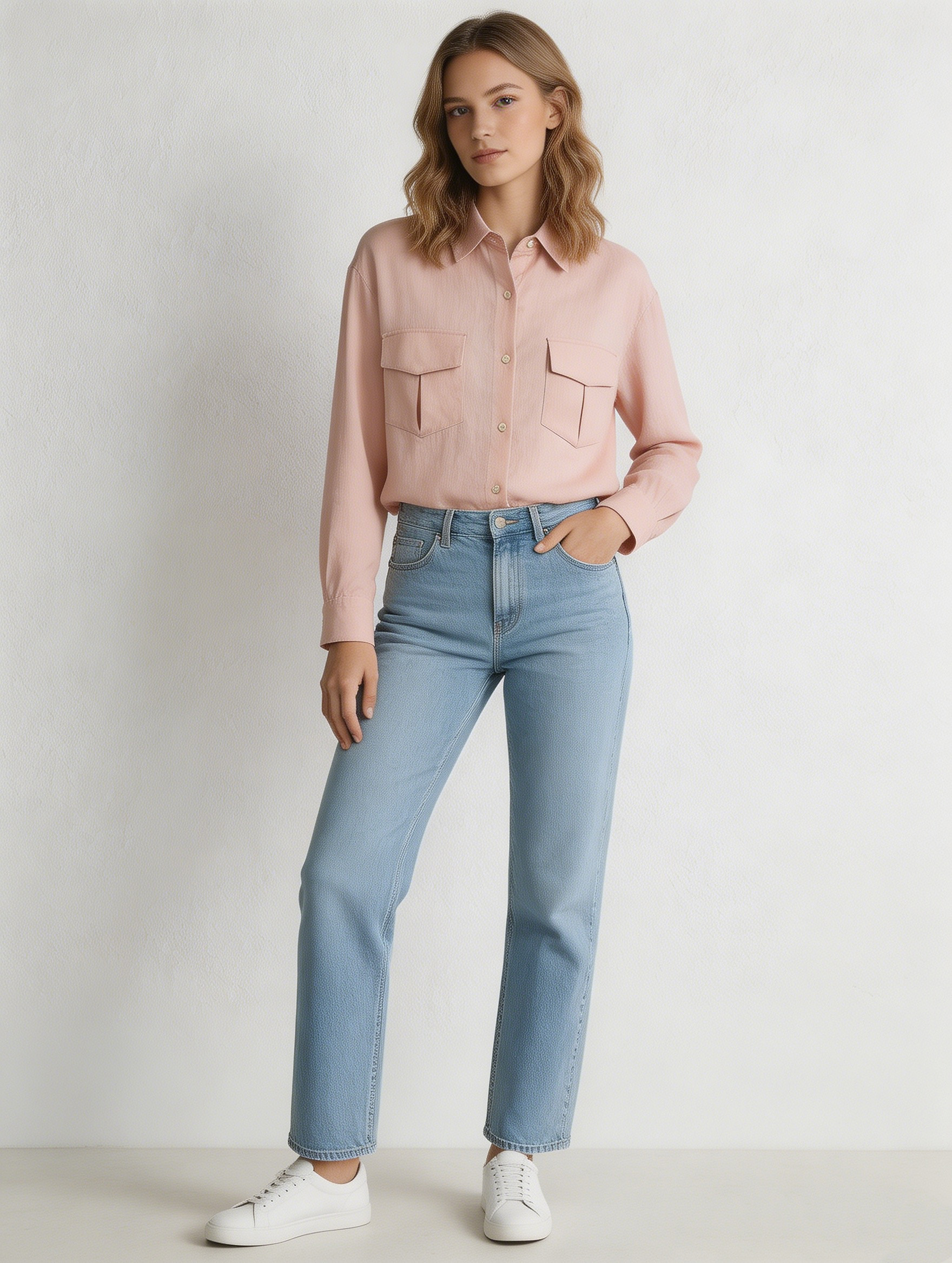 Elegant Pink Relaxed Fit Shirt - Double Pocket Office Blouse  S-2526