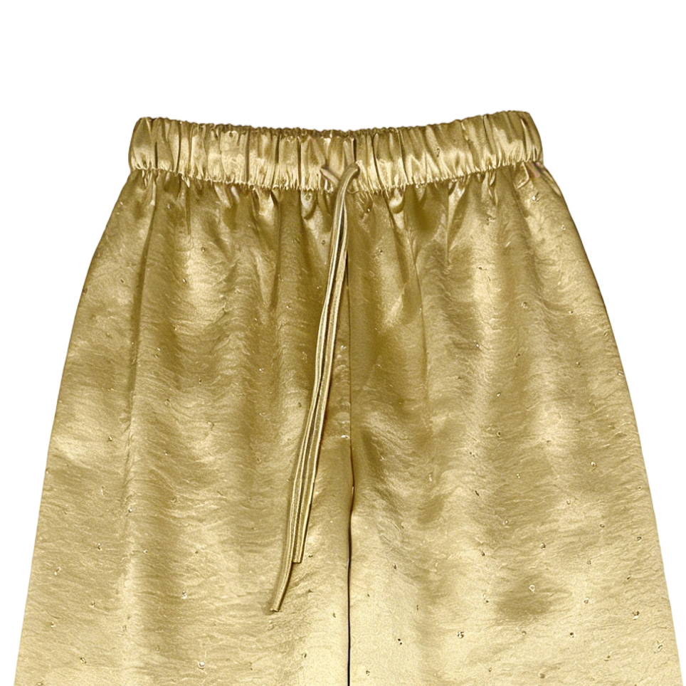 Glamorous Gold Glitter Satin Trousers - High Waist Drawstring Wide Leg Party Pants 21792