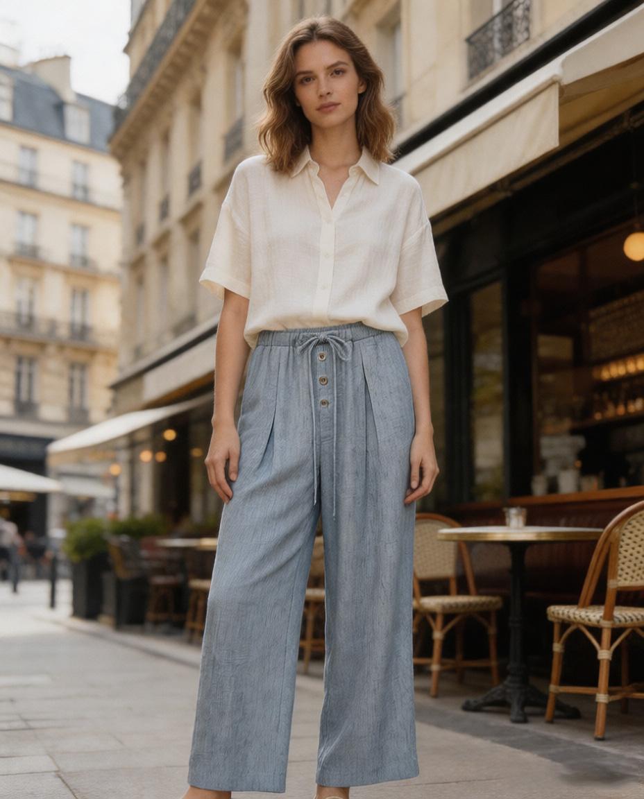 Summer Casual Linen-Look Wide Leg Pants with Button Drawstring A-42030