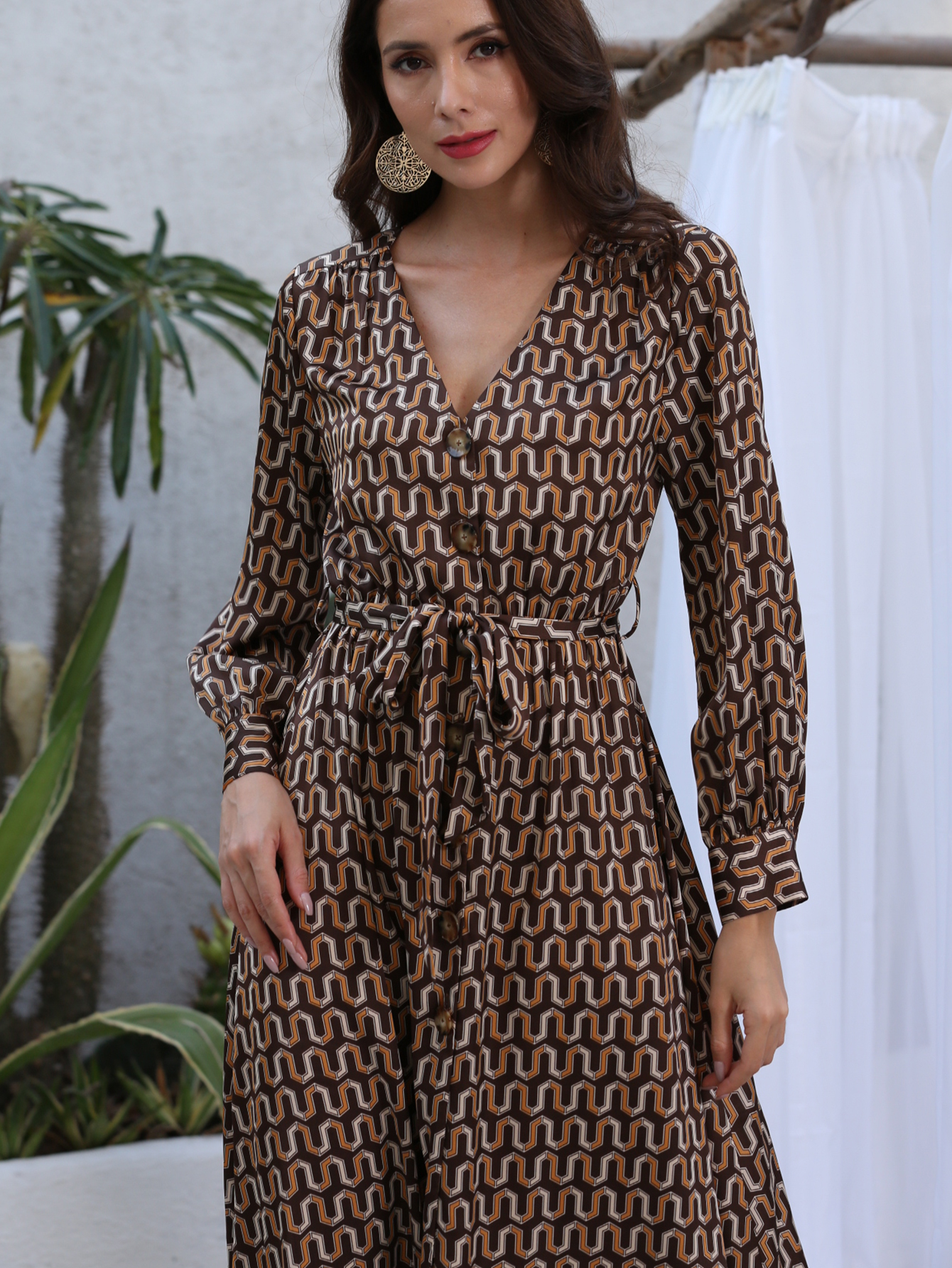 Women’s Geometric Print V-Neck Tie Waist Slit Midi Dress W-31429
