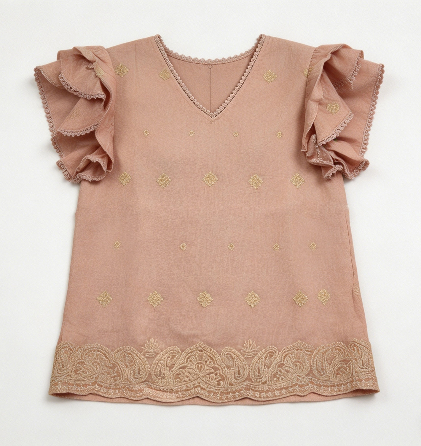 White Gold Paisley Embroidered Ruffle Sleeve Blouse - Boho V-Neck Top AN-710001