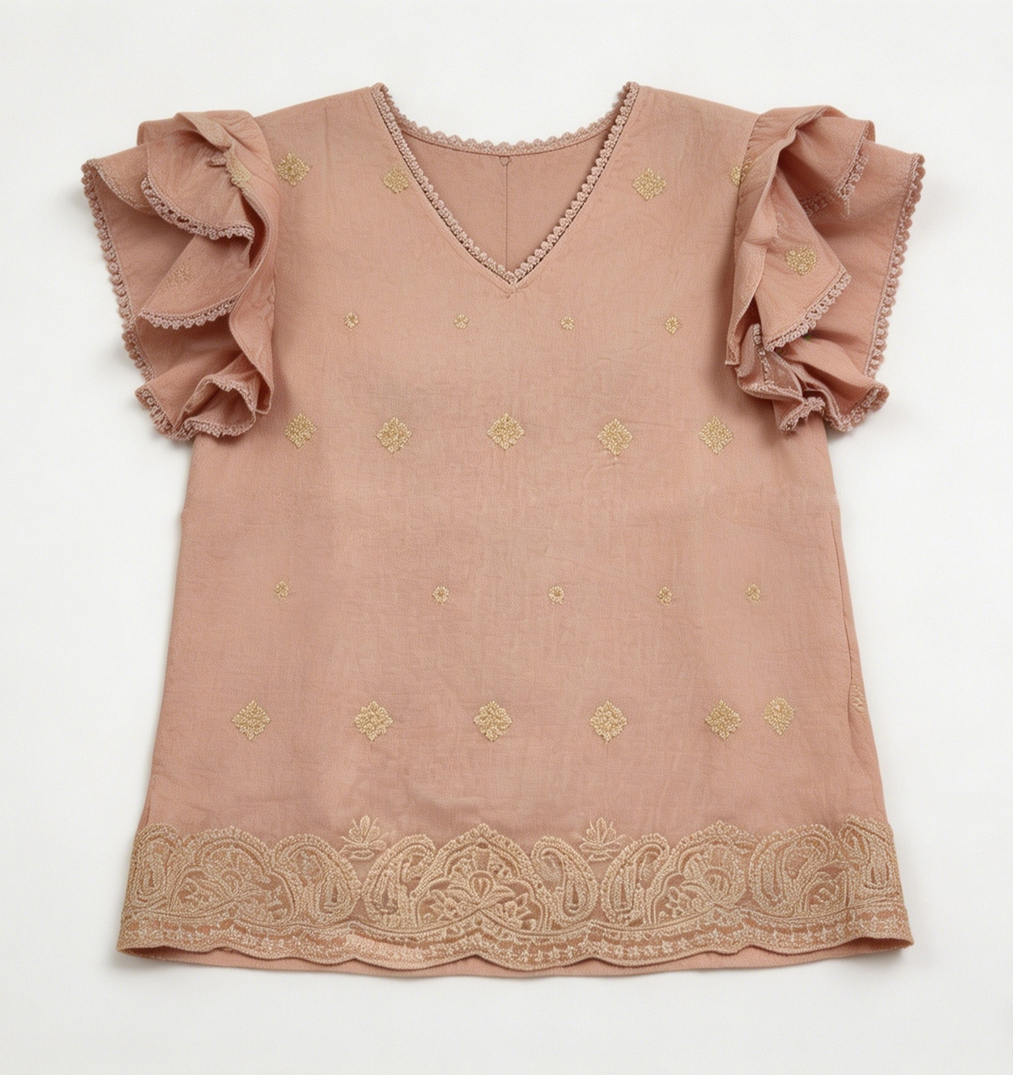 White Gold Paisley Embroidered Ruffle Sleeve Blouse - Boho V-Neck Top AN-710001