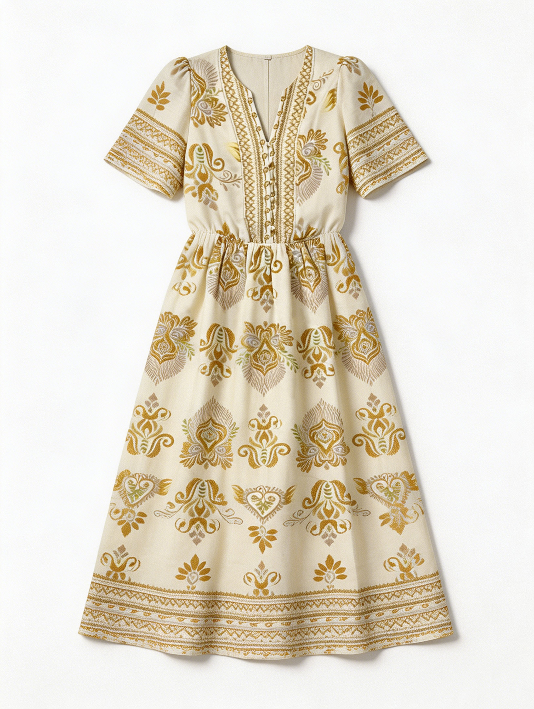 Ethnic Style Beige Gold Paisley Dress - High Waist A-Line Dress  C-40115