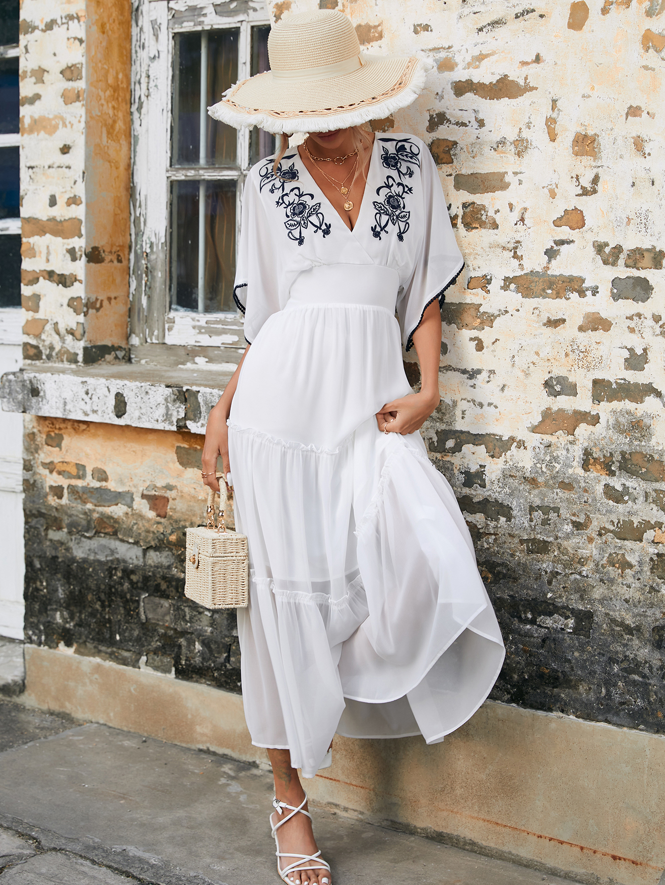 Women Boho Embroidered V Neck Kimono Sleeve Tiered White Beach Midi Dress W-34405