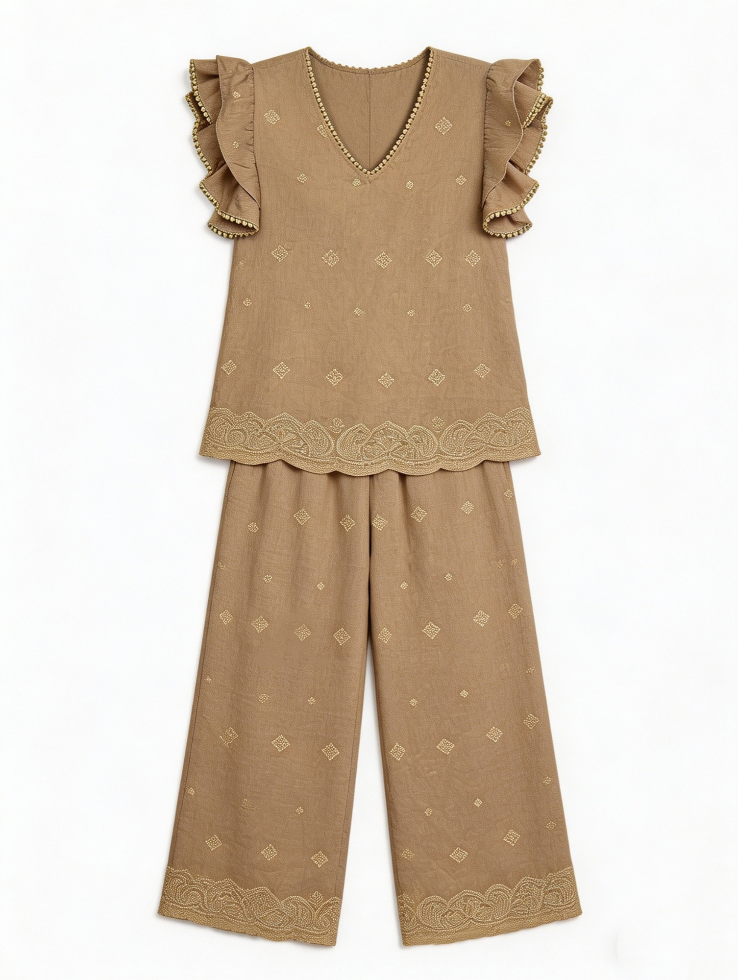 Women's Khaki Geometric Embroidered Two Piece Set - Ruffle Sleeve Top & Wide Leg Pants D-42075+D-42076