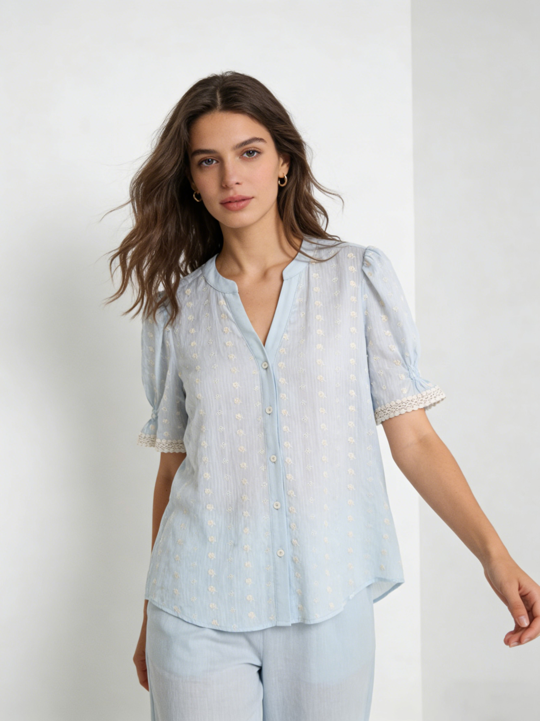 Soft Blue Puff Sleeve Top, Elegant V-Neck Embroidered Summer Blouse A-42114