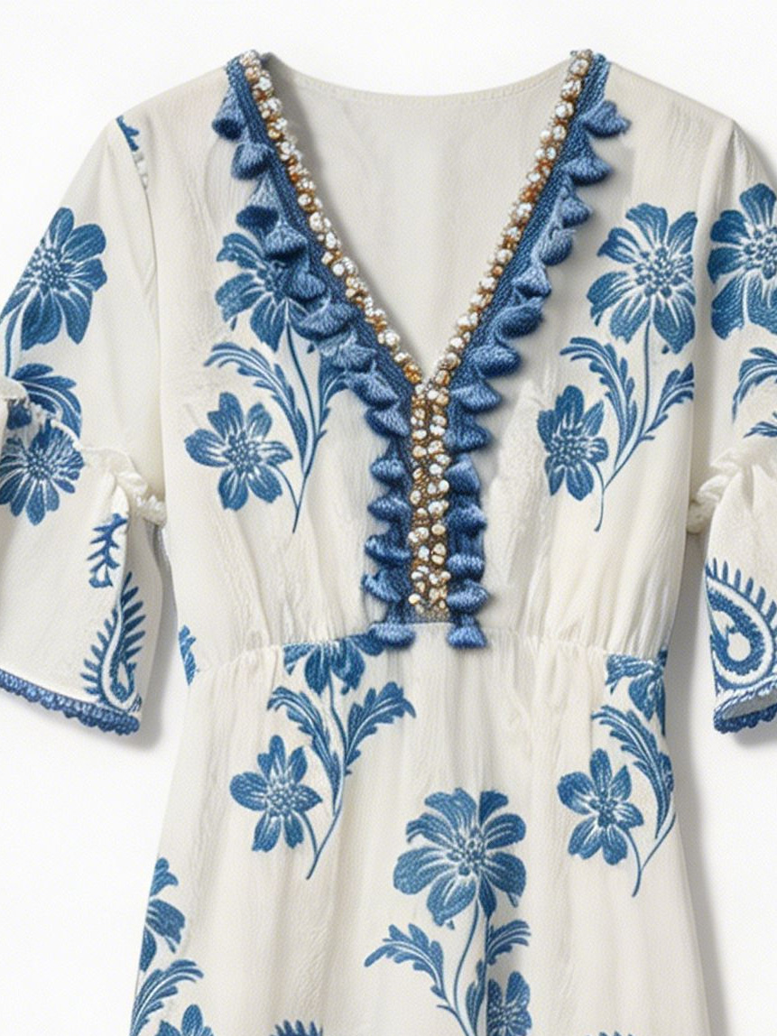 White & Blue Paisley Floral Print Boho Maxi Dress with Beaded Tassel V-Neck – Cotton Linen Resort Beach Wear W-42665