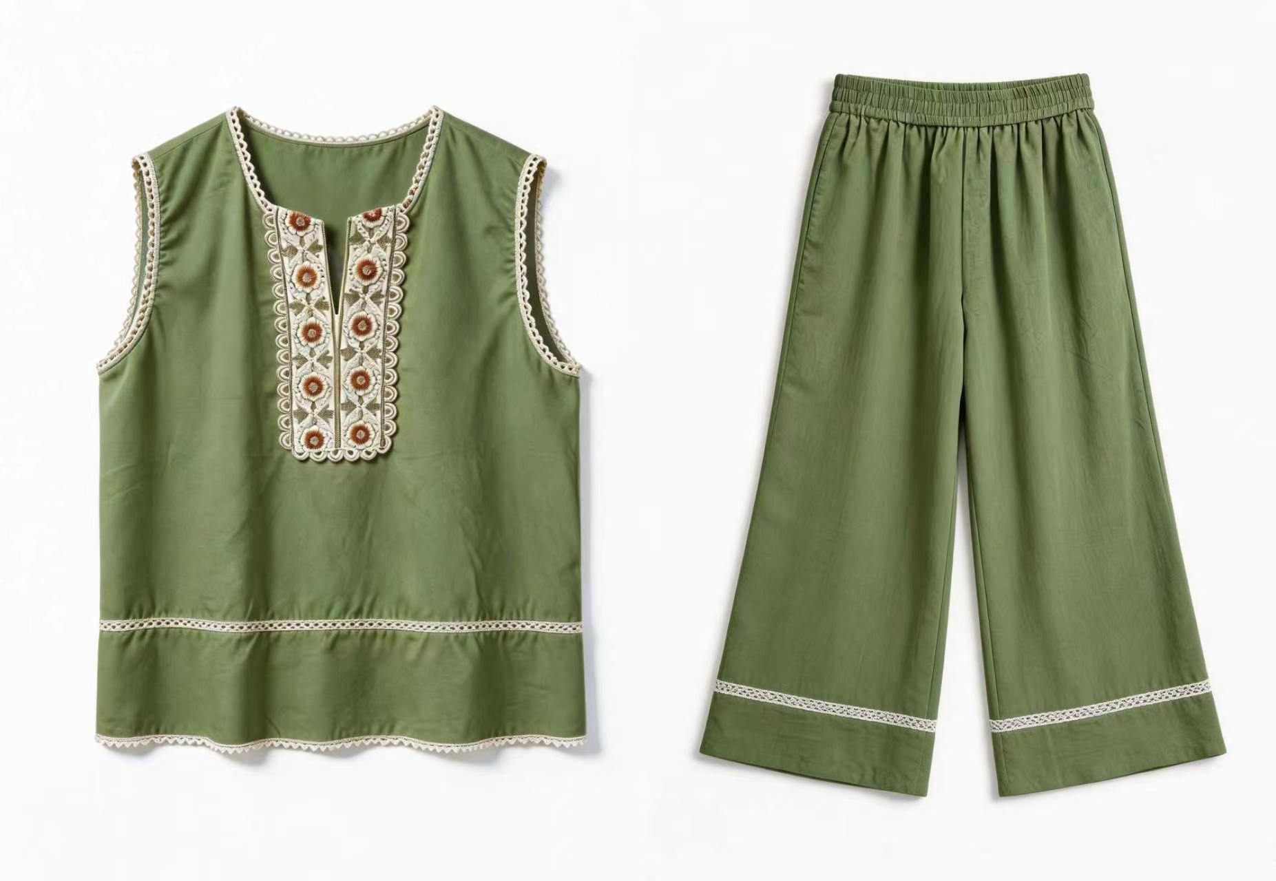 Linen-Blend Embroidered Two-Piece Set AN-750014