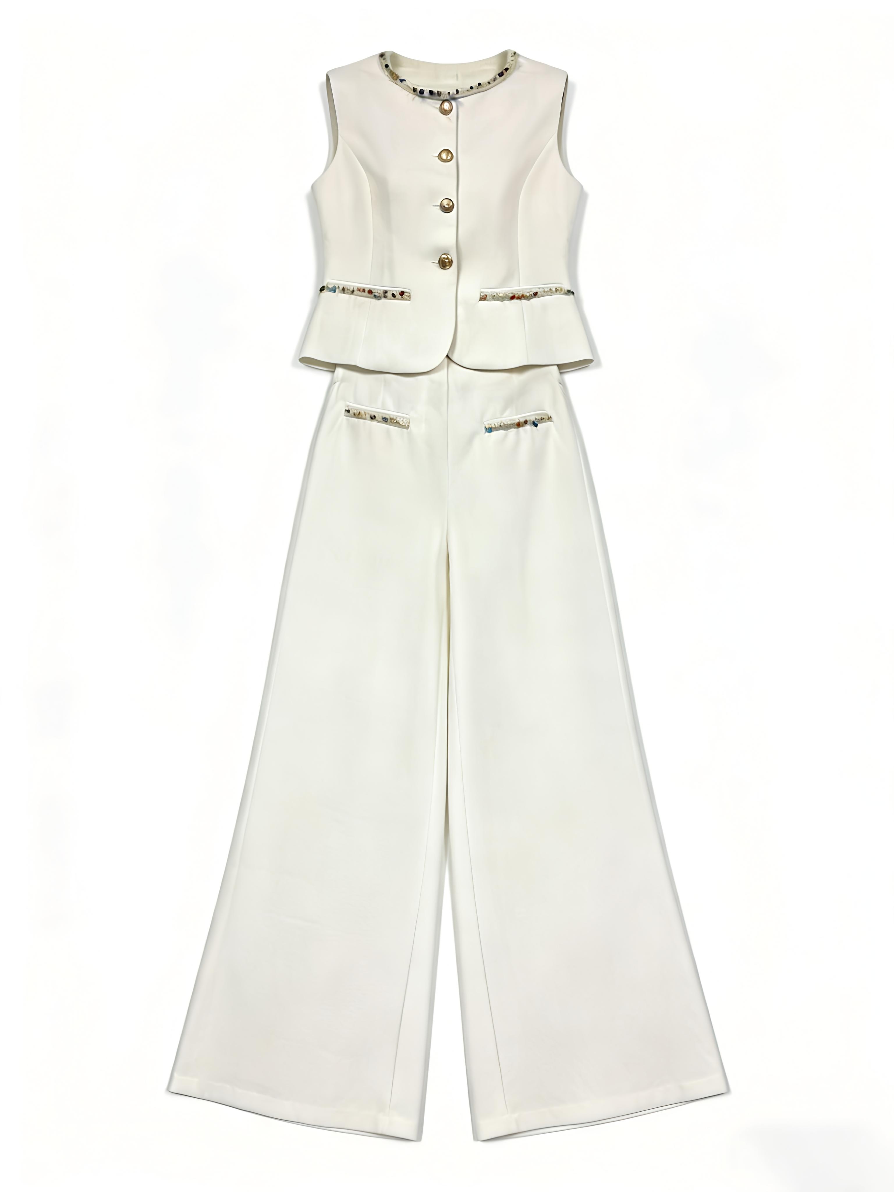 White Tweed Pearl Beaded Vest Wide Leg Pants Set - Luxury Office Outfit YB-029