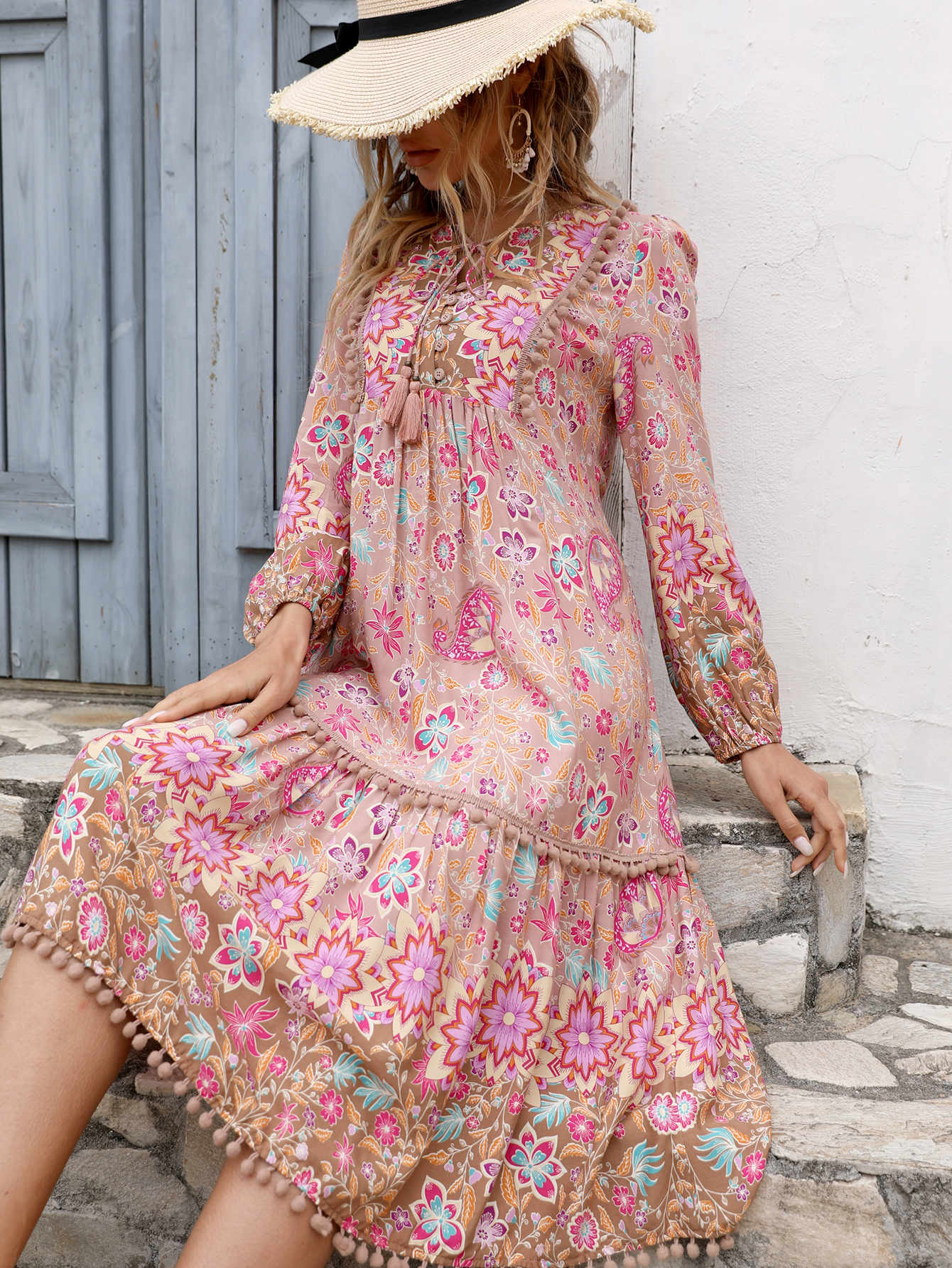 Women’s Boho Floral Mini Dress with Long Sleeves & Tassel Tie – Resort Style D-33392