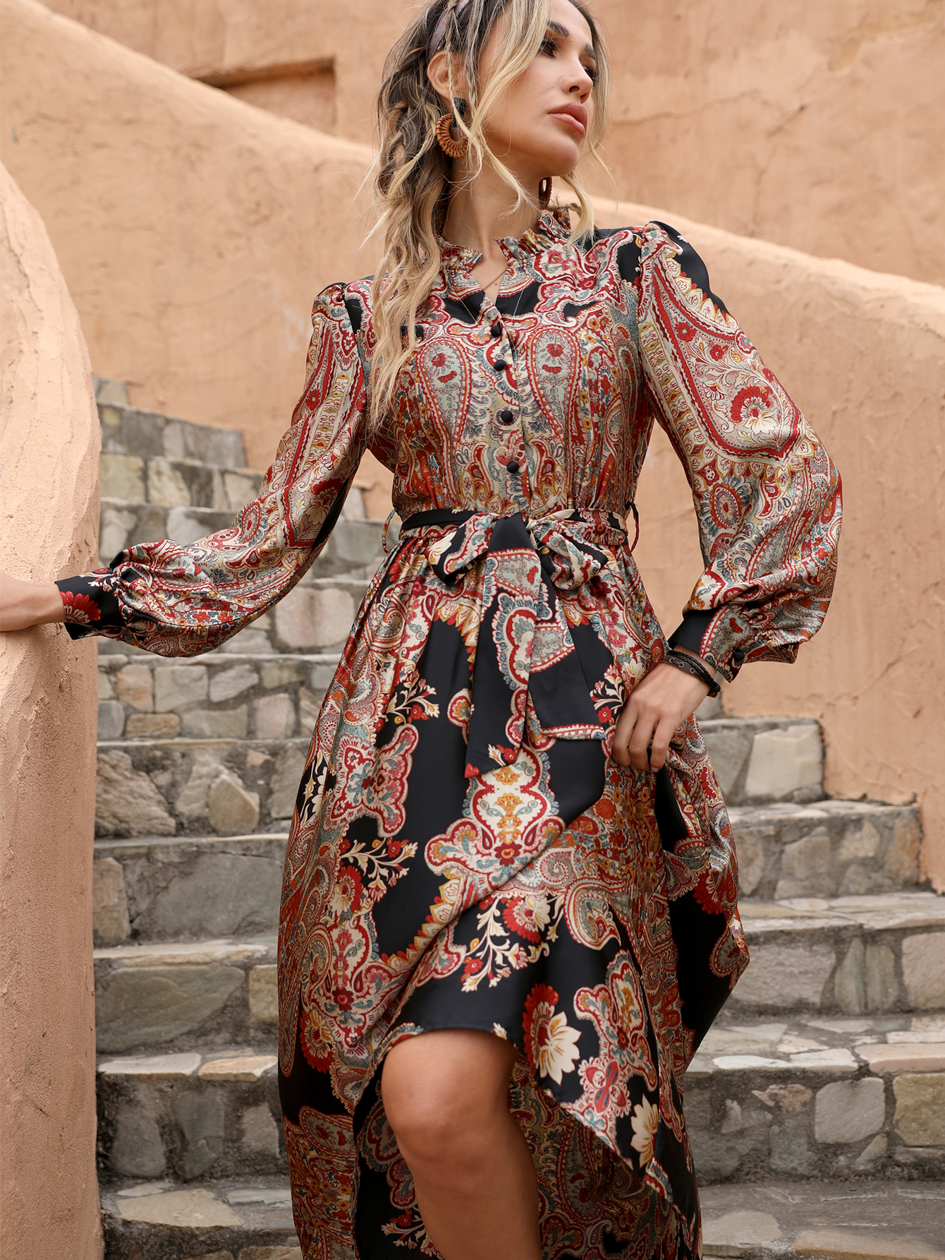 Women’s Vintage Paisley Boho Tie Waist Maxi Dress M-33856
