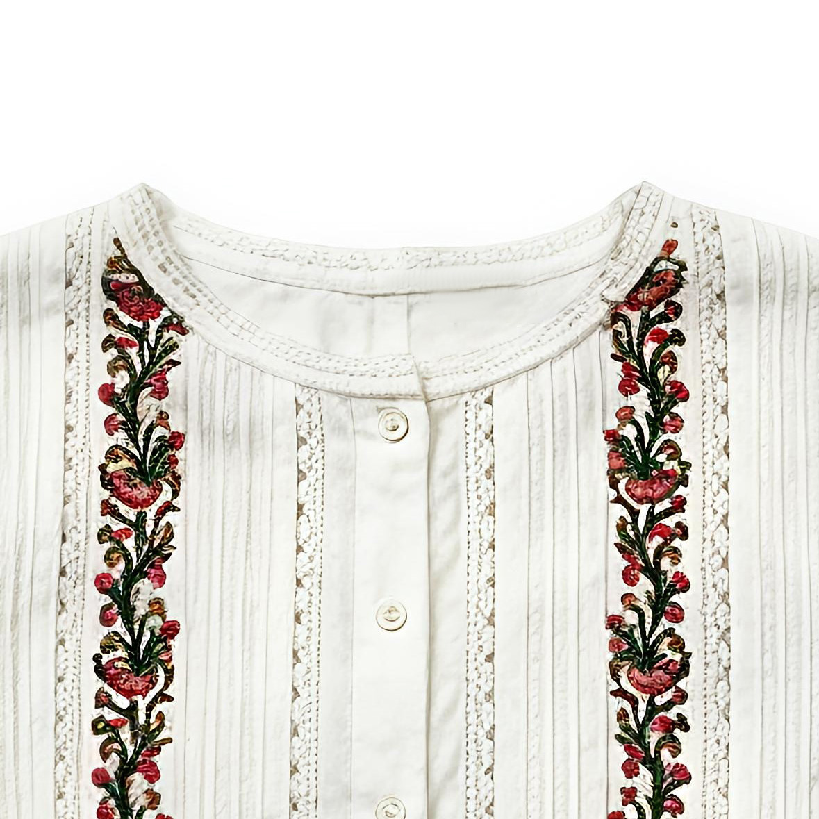 Women's White Boho Floral Embroidered Short Sleeve Blouse - Lace Trim Top  A-42664