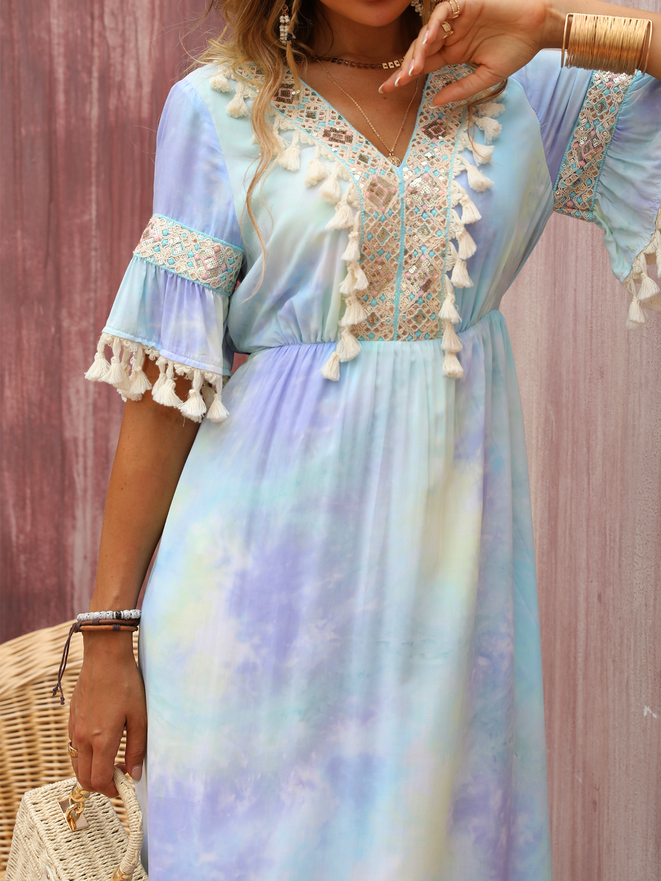 Women’s Watercolor Tie-Dye Boho Maxi Dress W-32804