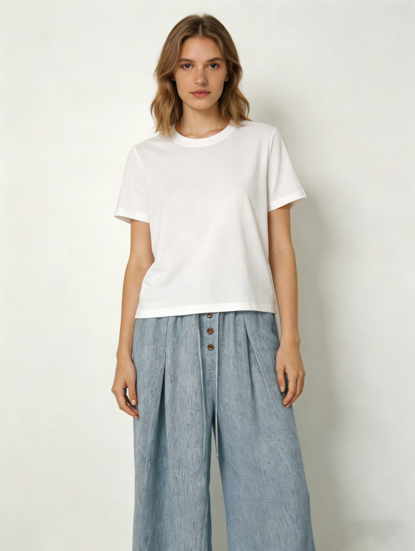 Summer Casual Linen-Look Wide Leg Pants with Button Drawstring A-42030
