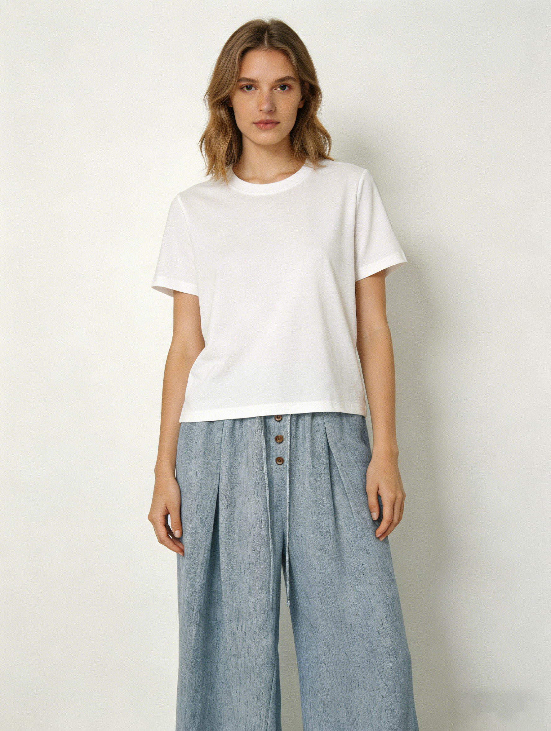 Summer Casual Linen-Look Wide Leg Pants with Button Drawstring A-42030