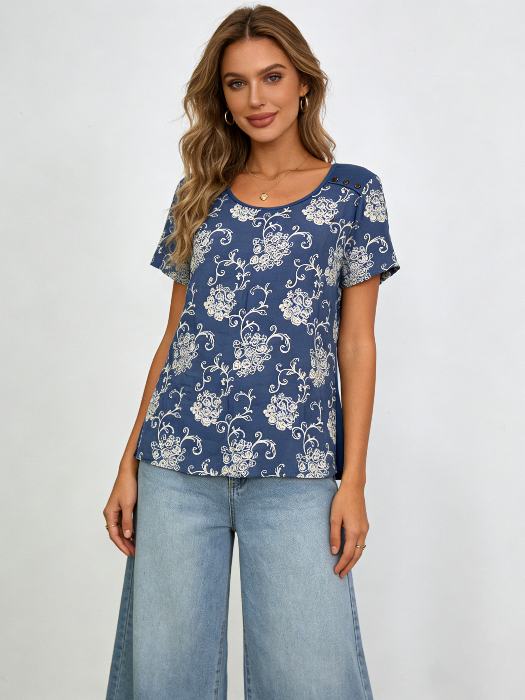 Women’s Floral Print Short Sleeve Tunic Top W-26178