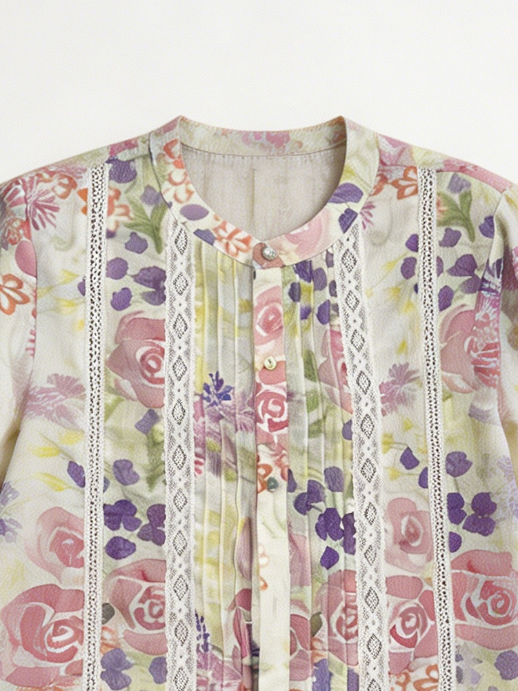 Boho Pink Floral Print Shirt - Lace Trim Relaxed Fit Blouse  D-42013