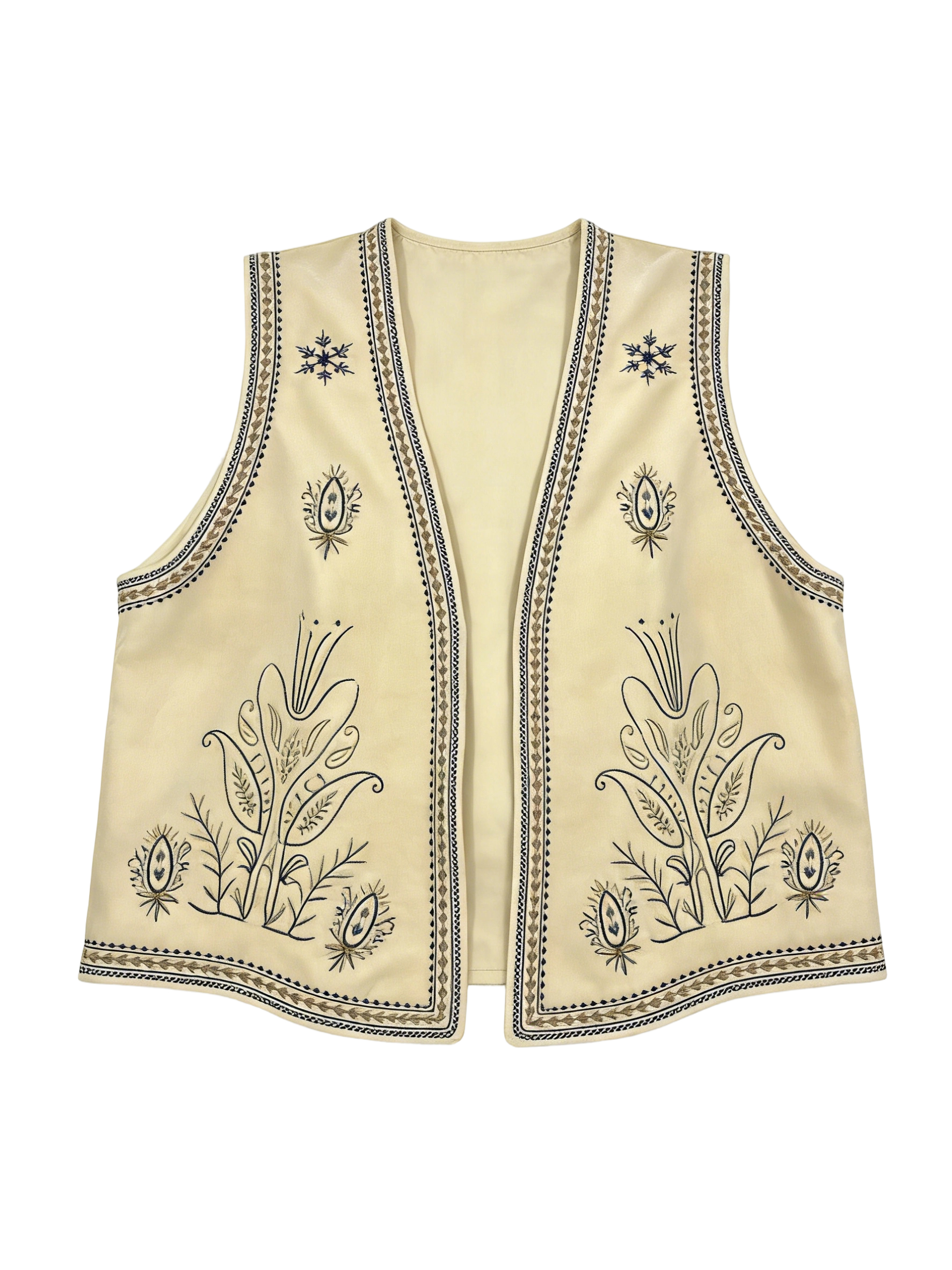 Handmade Floral Embroidered Vest - Beige Bohemian Sleeveless Outerwear AN-980010