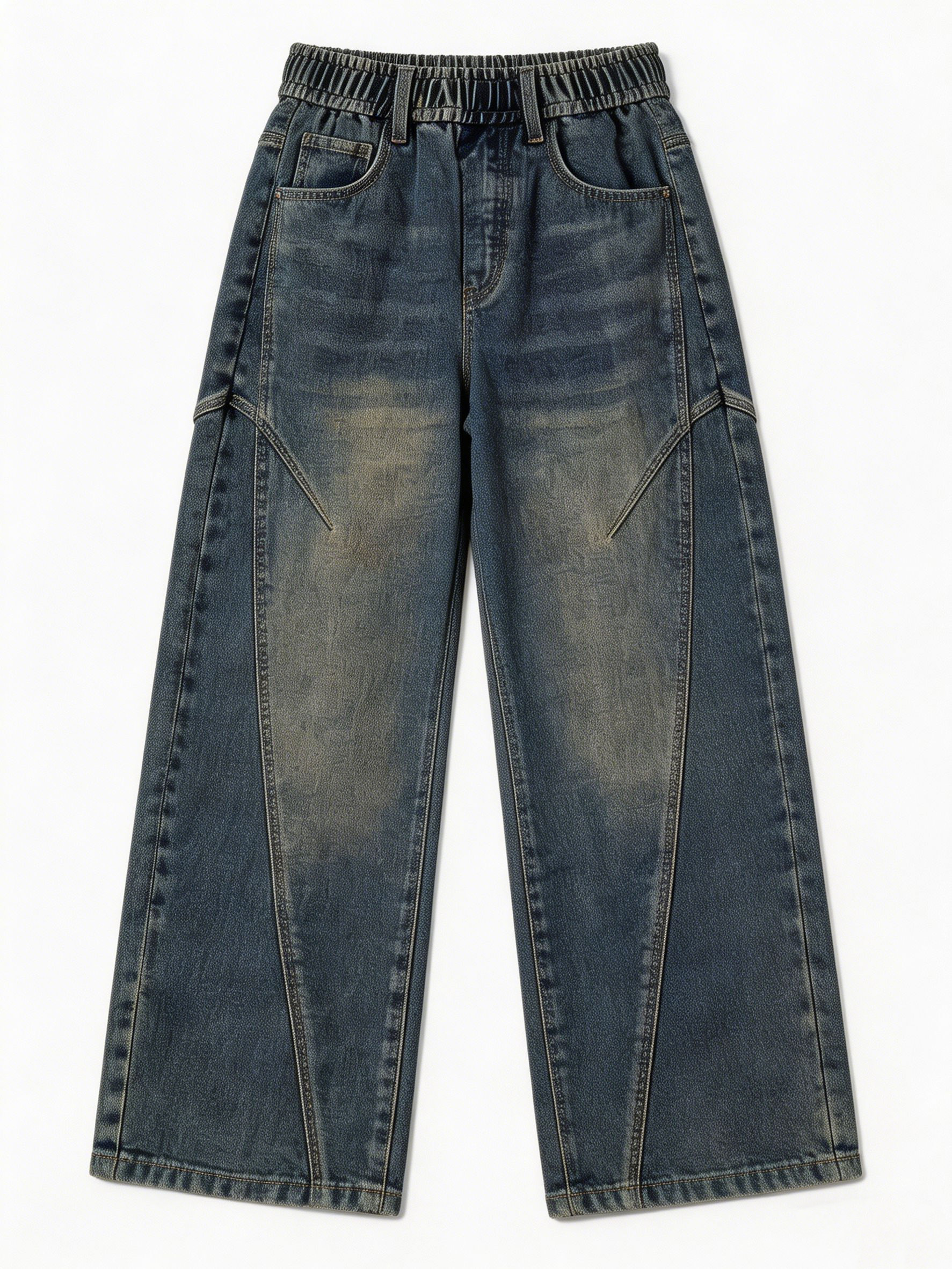 Mid-Wash High Waist Elastic Waist Wide Leg Panelled Jeans ZY6065