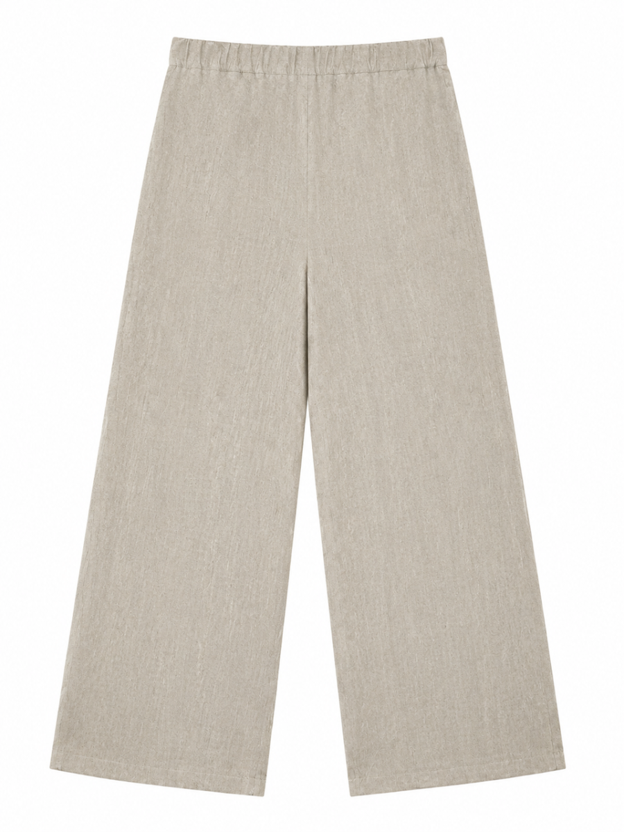 Elastic High Waist Linen Wide‑Leg Trousers W-41367
