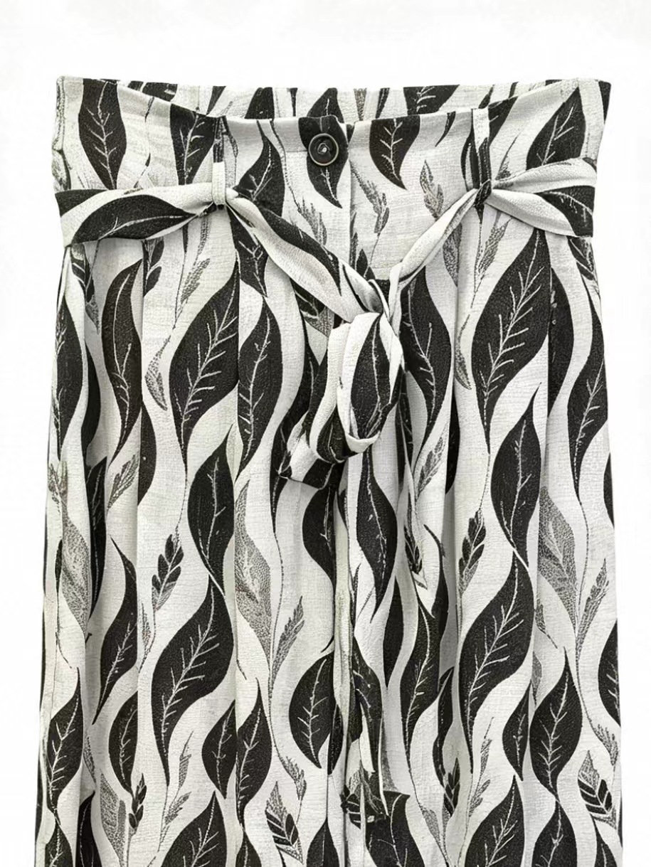 Minimalist High-Waisted Leaf Print Pants with Self-Tie Belt AN-750012