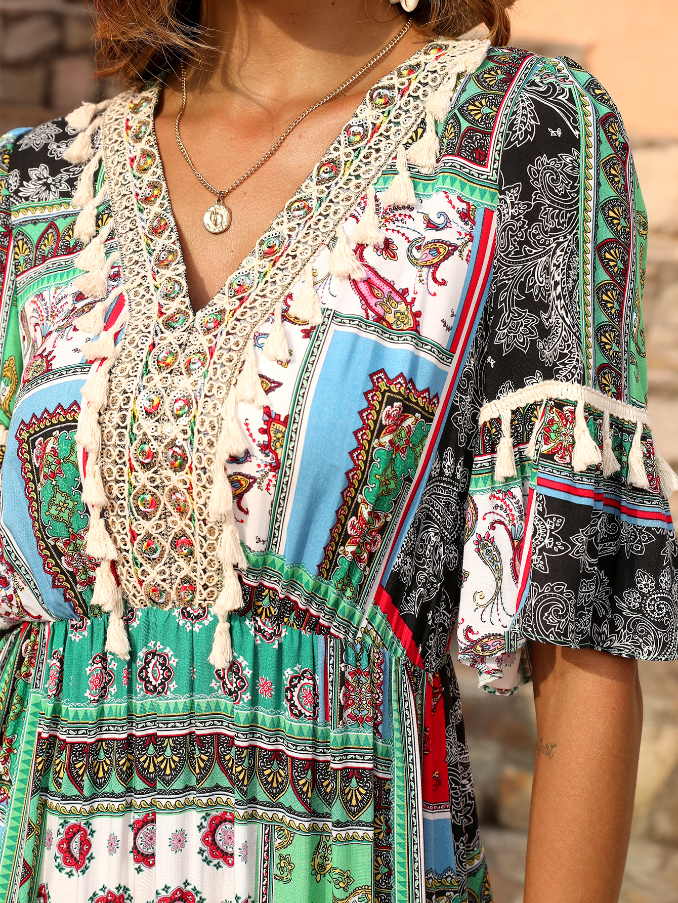 Women’s Boho Patchwork V-Neck Flowy Midi Dress D-35749