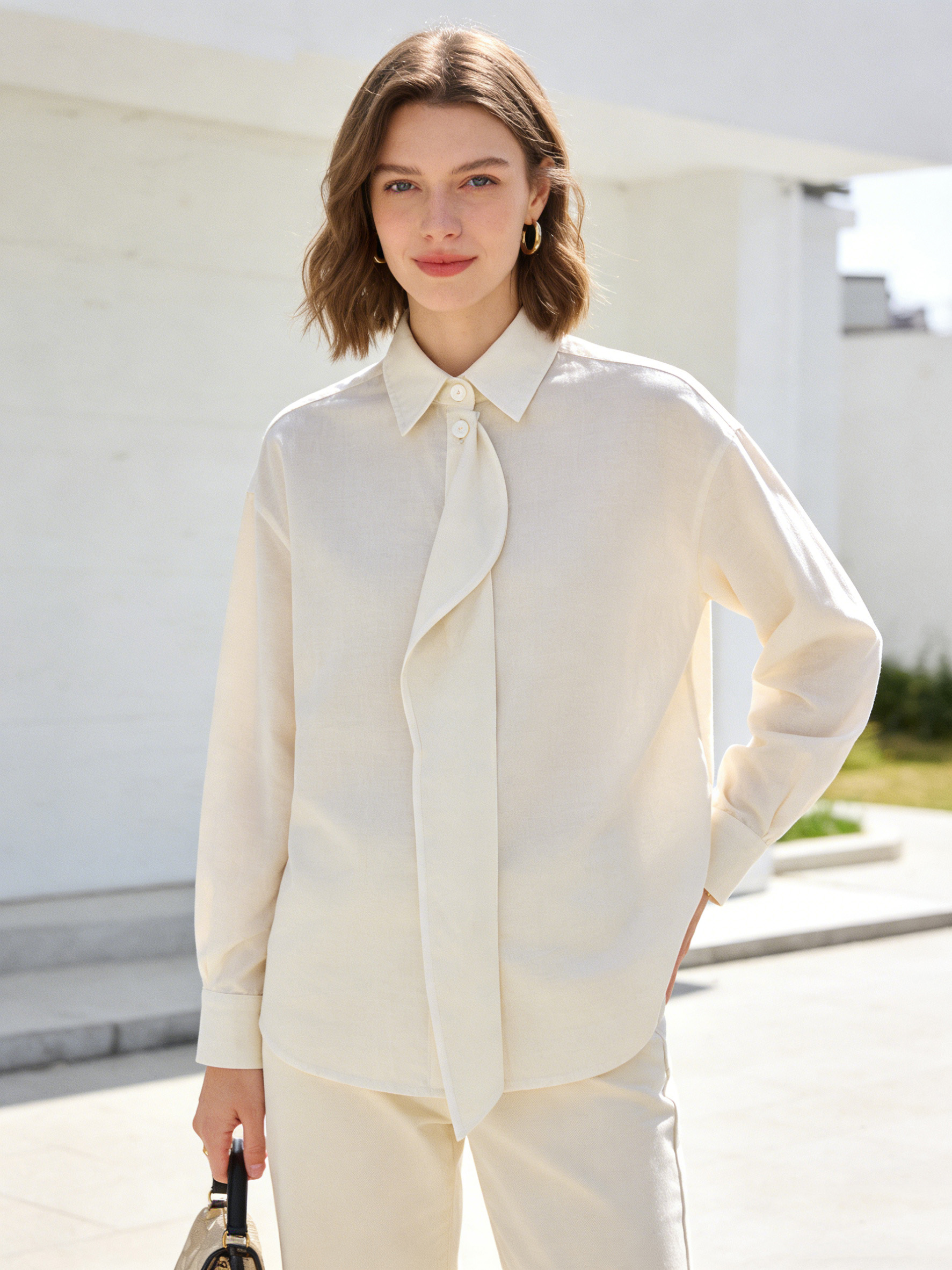Elegant White Draped Front Shirt - Oversized Collar Office Blouse  AN-710011