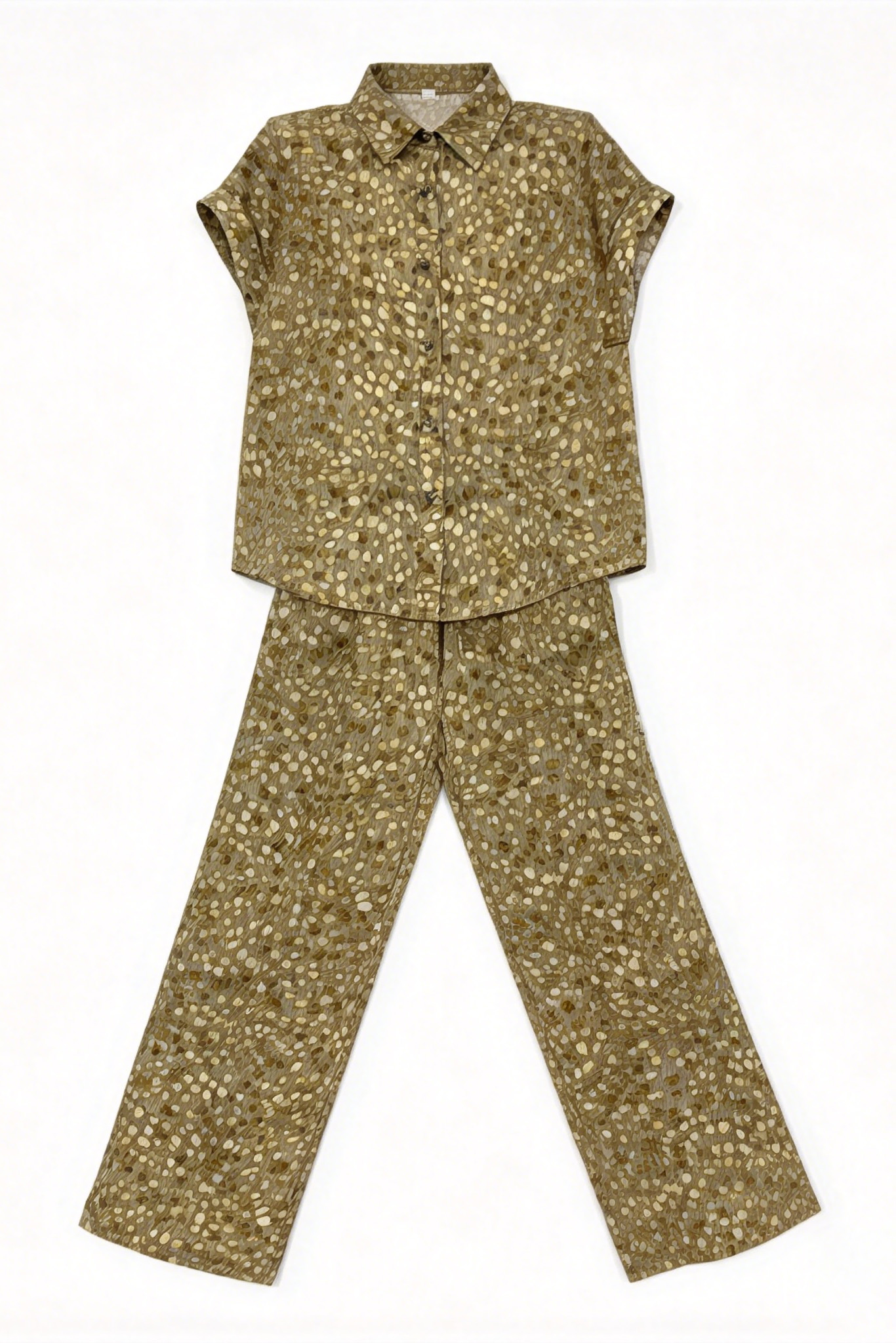 Khaki Dot Print Satin Shirt Wide Leg Pants Set - Two Piece Outfit W-42716+W-42717