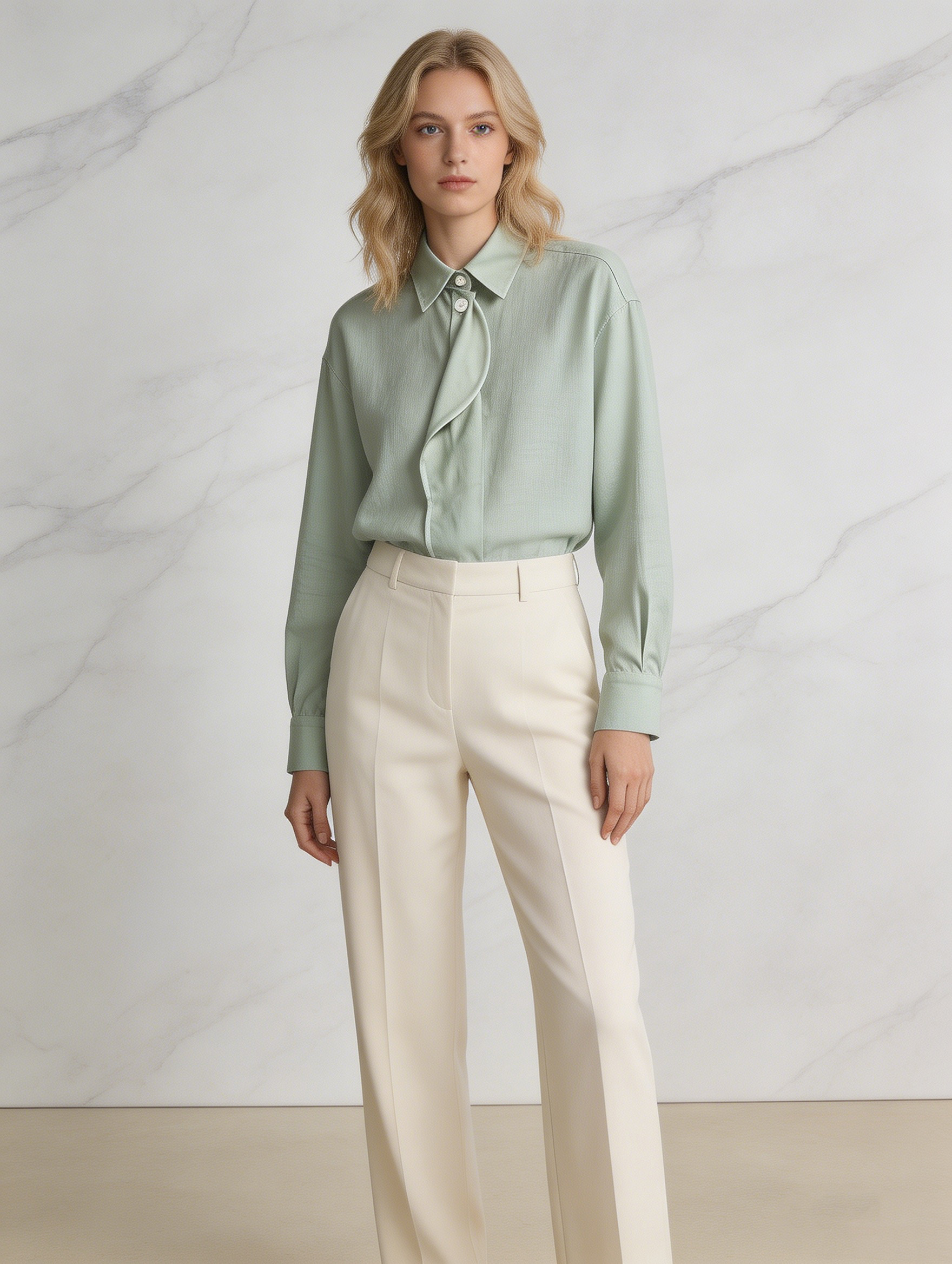 Elegant White Draped Front Shirt - Oversized Collar Office Blouse  AN-710011