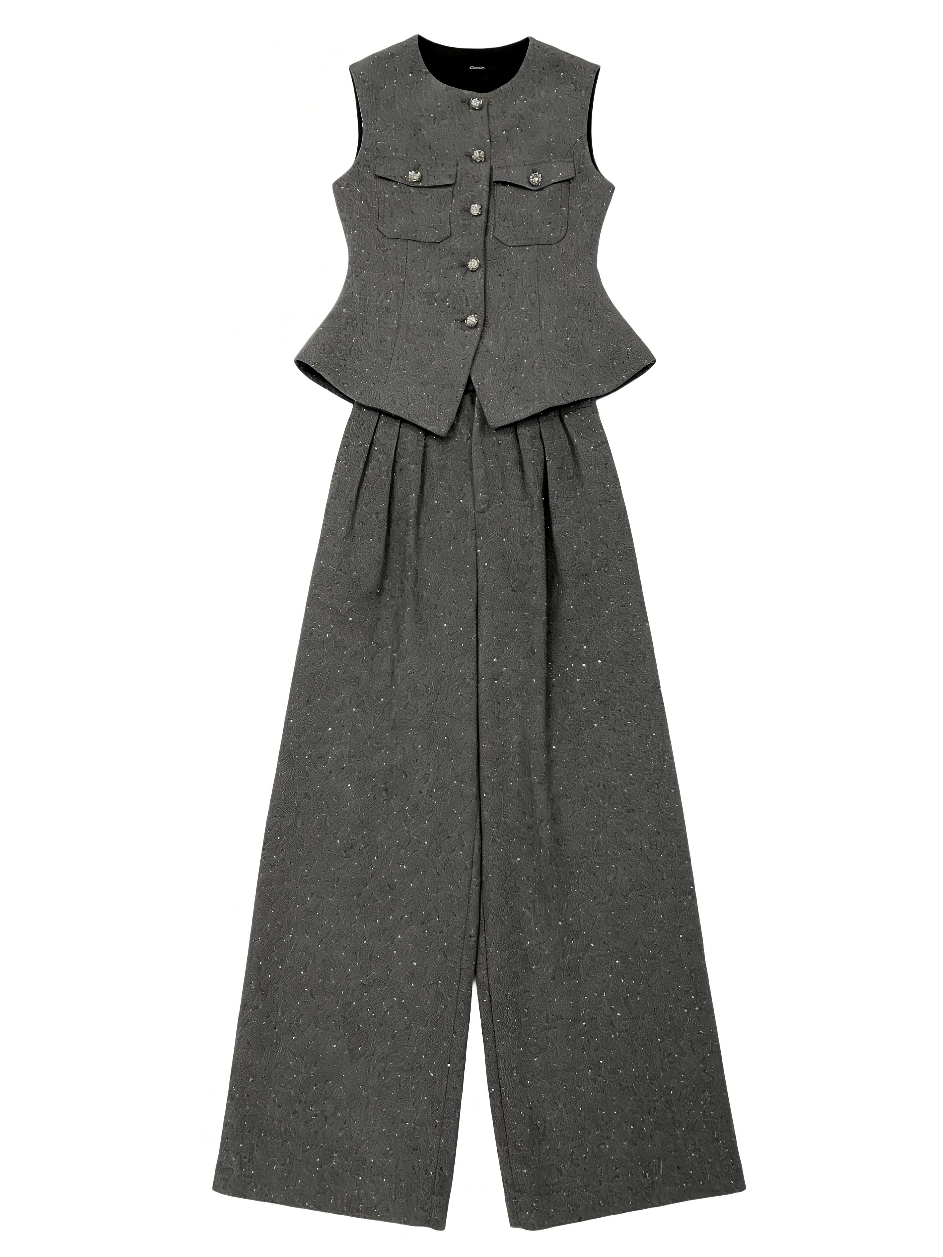 Luxury Grey Boucle Two Piece Set - Embellished Button Vest & High Waist Trousers W-41365，W-41364