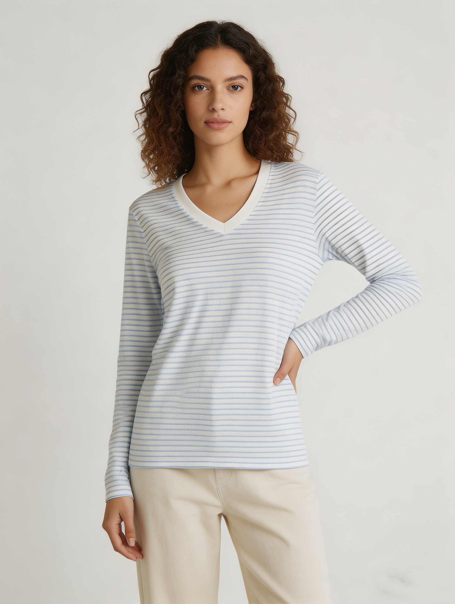 Women's Stripe V-Neck Long Sleeve T-Shirt - Soft Knit Top  AN-710004