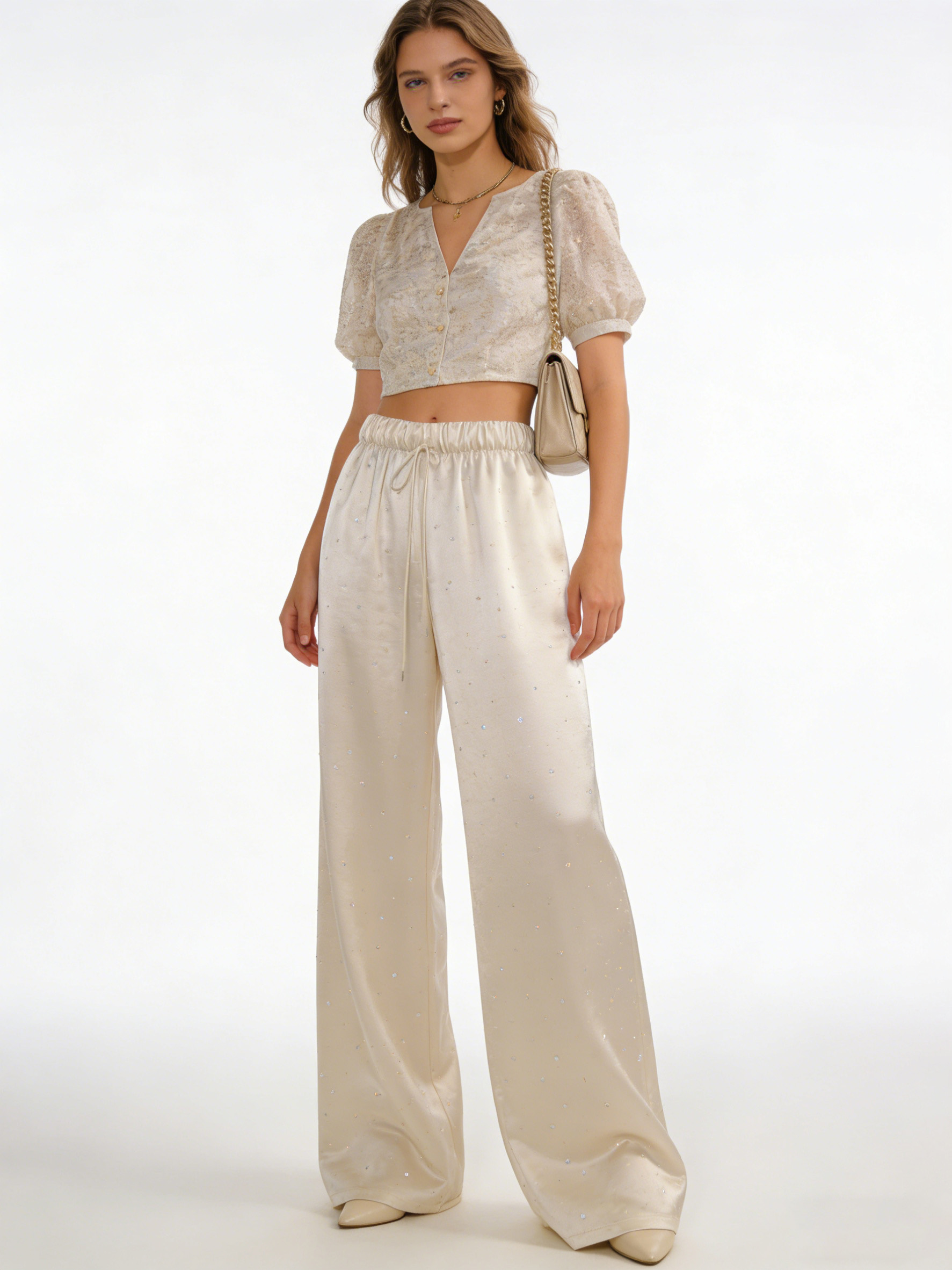 Women's Beige Satin Wide Leg Pants - Rhinestone Embellished Drawstring Trousers 21792