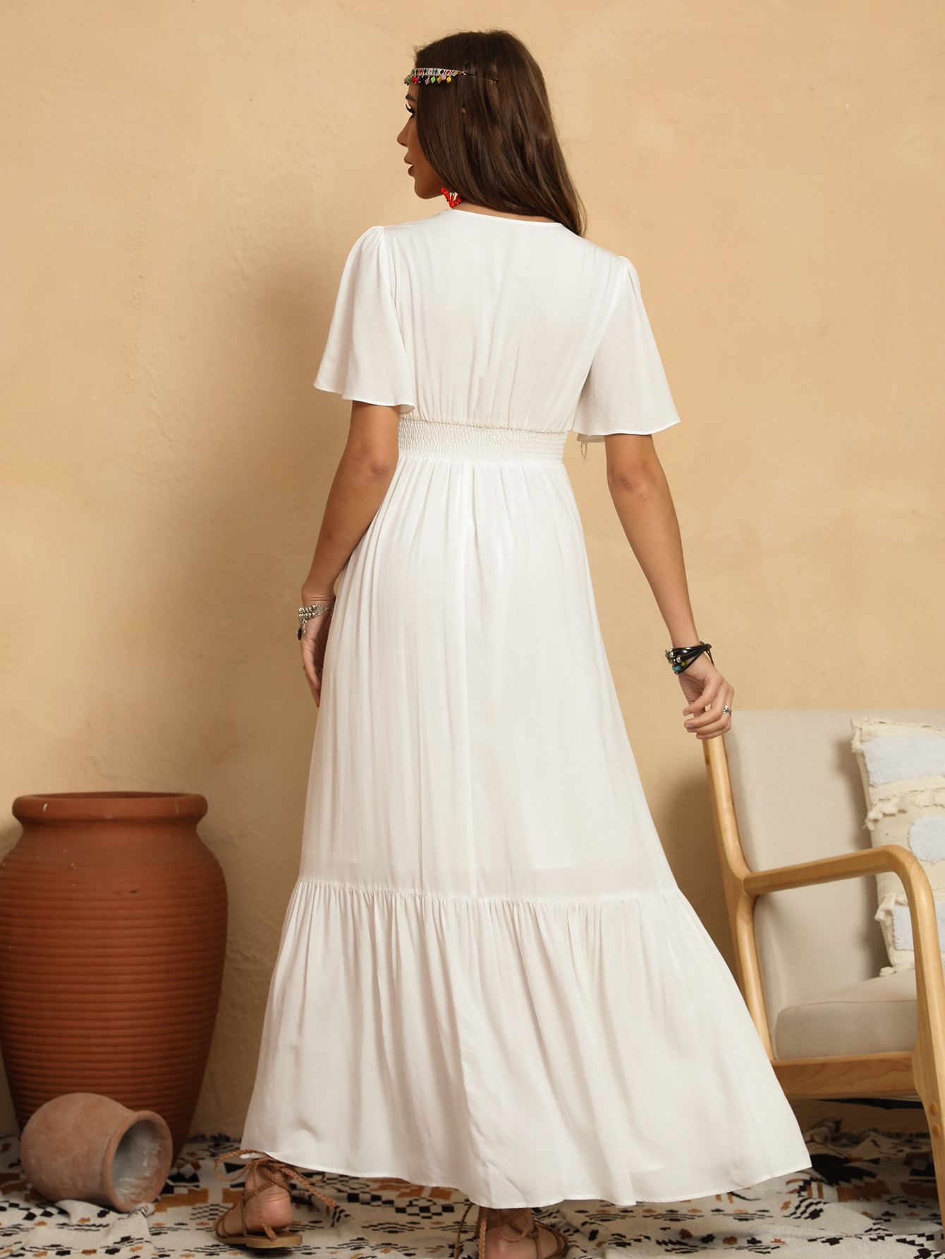 Women’s Boho Embroidered V-Neck Maxi Dress D-34939