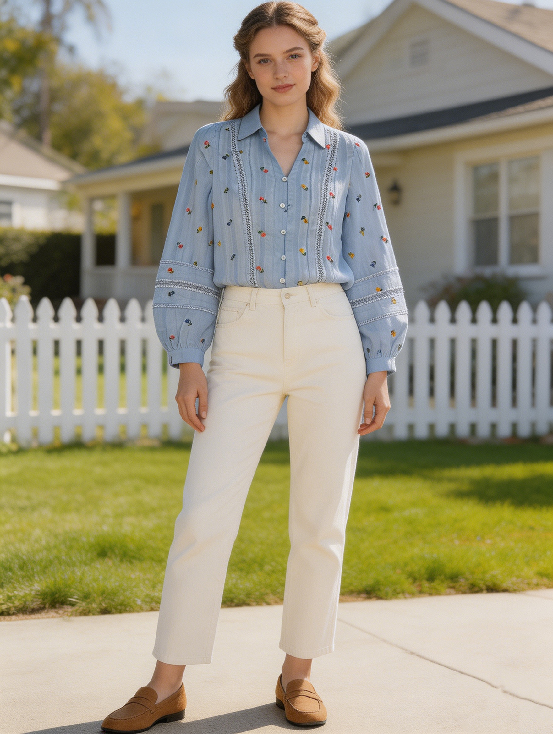 French Style White Floral Embroidered Shirt - Ruffle Sleeve Blouse  AN-710006
