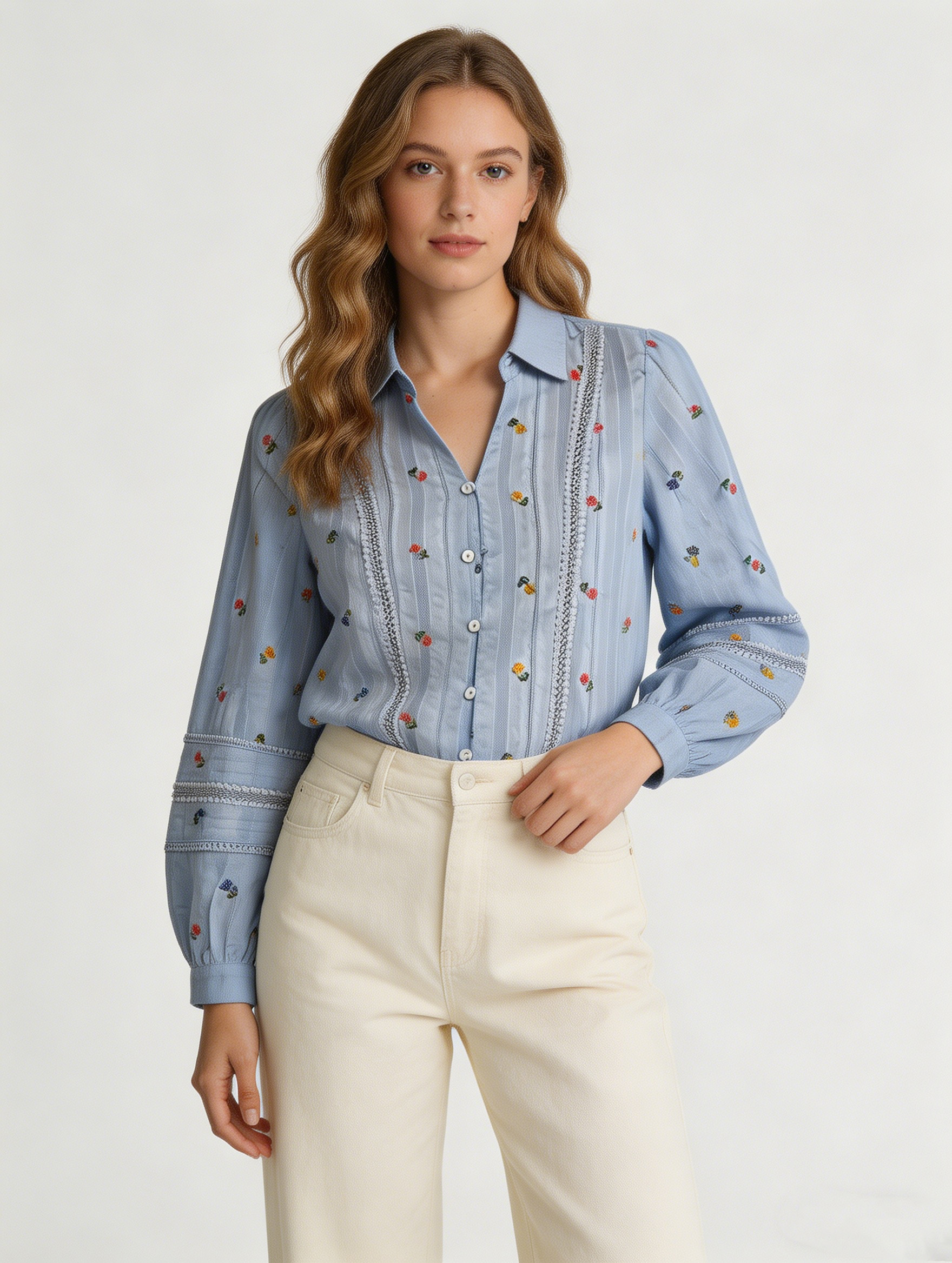French Style White Floral Embroidered Shirt - Ruffle Sleeve Blouse  AN-710006