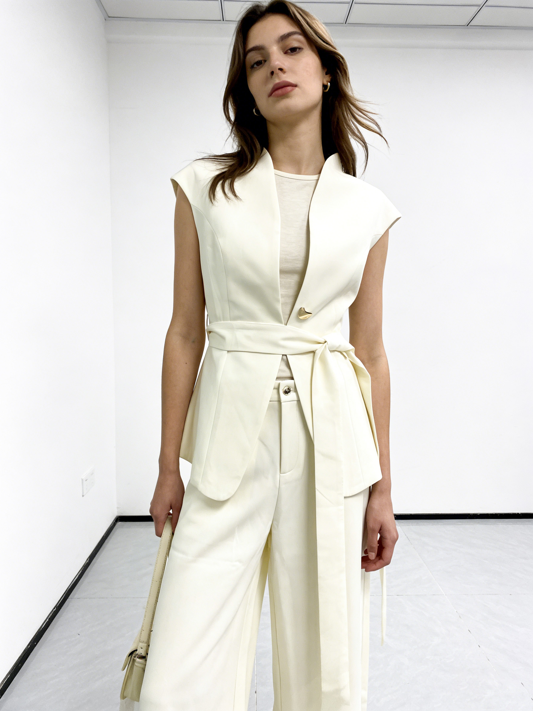 Cream White Sleeveless Blazer Vest Wide Leg Pants Set - Office Wear Two Piece Outfit C-41271+C-41272