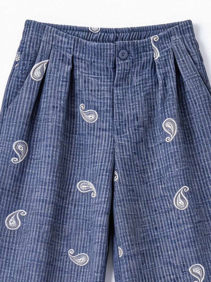 Paisley Embroidered High-Waisted Linen Pants AN-710029