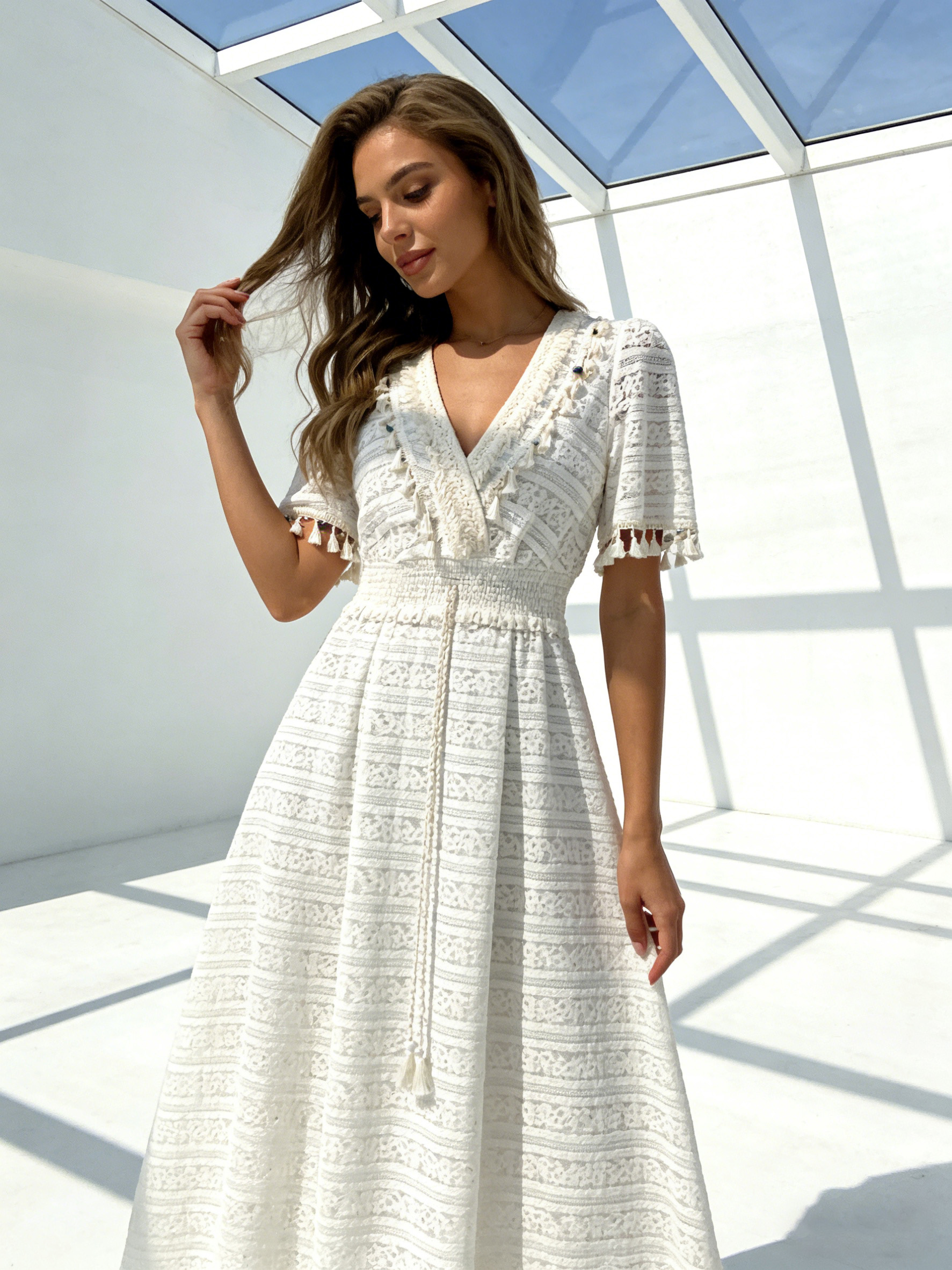 Women’s Boho Crochet Lace Tassel V Neck Maxi Dress W-35095