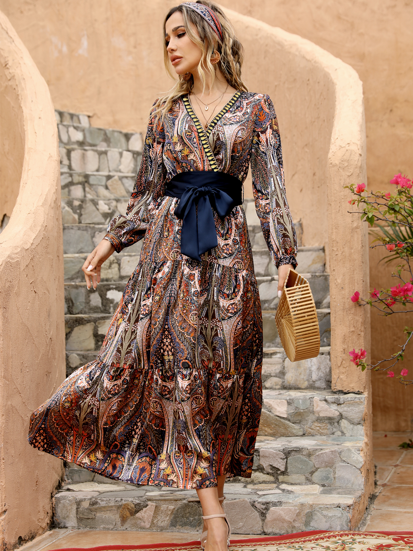 Vintage Boho Paisley Midi Dress with Tie Waist – Spring Summer Casual Elegance W-34218 改款式