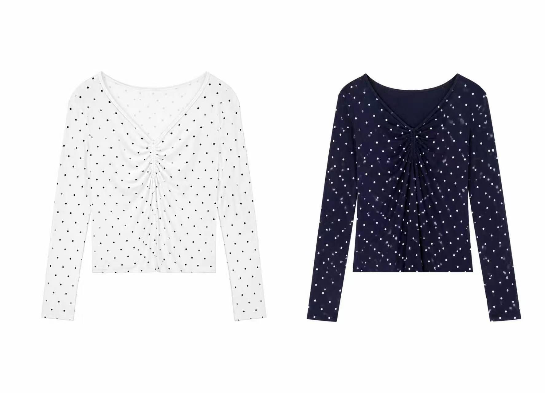 French Style Polka Dot Ruched Tee - V-Neck Slim Fit Top  AN-710008
