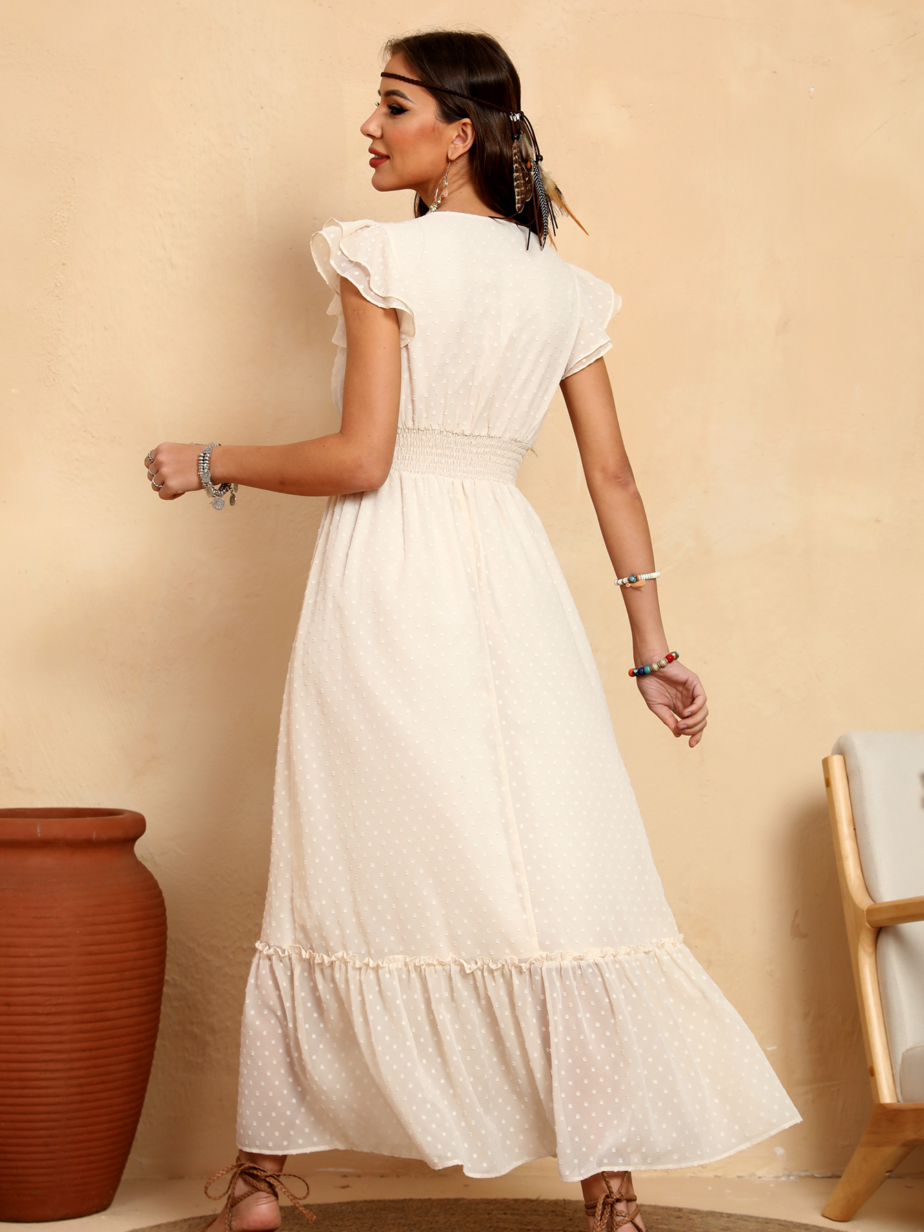 Women’s Swiss Dot Ruffle Sleeve Smocked Midi Dress D-34793