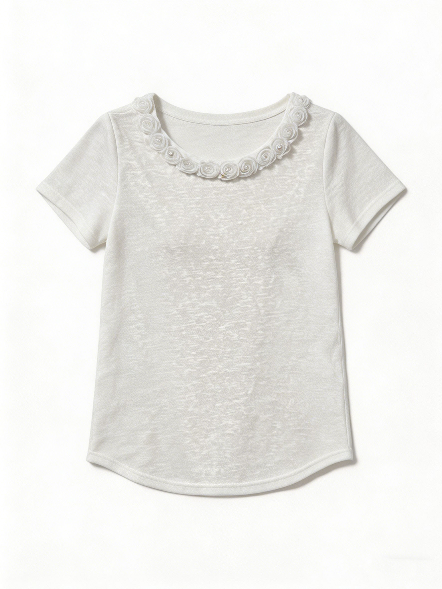 3D Floral Embellished Slub Top Curved Hem Romantic Summer White Blouse M-42287