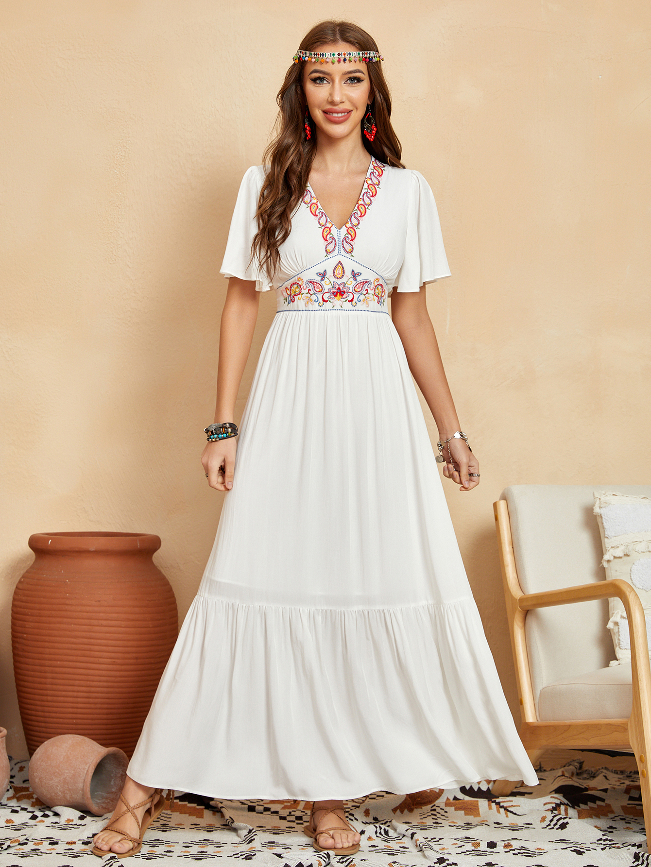 Women’s Boho Embroidered V-Neck Maxi Dress D-34939