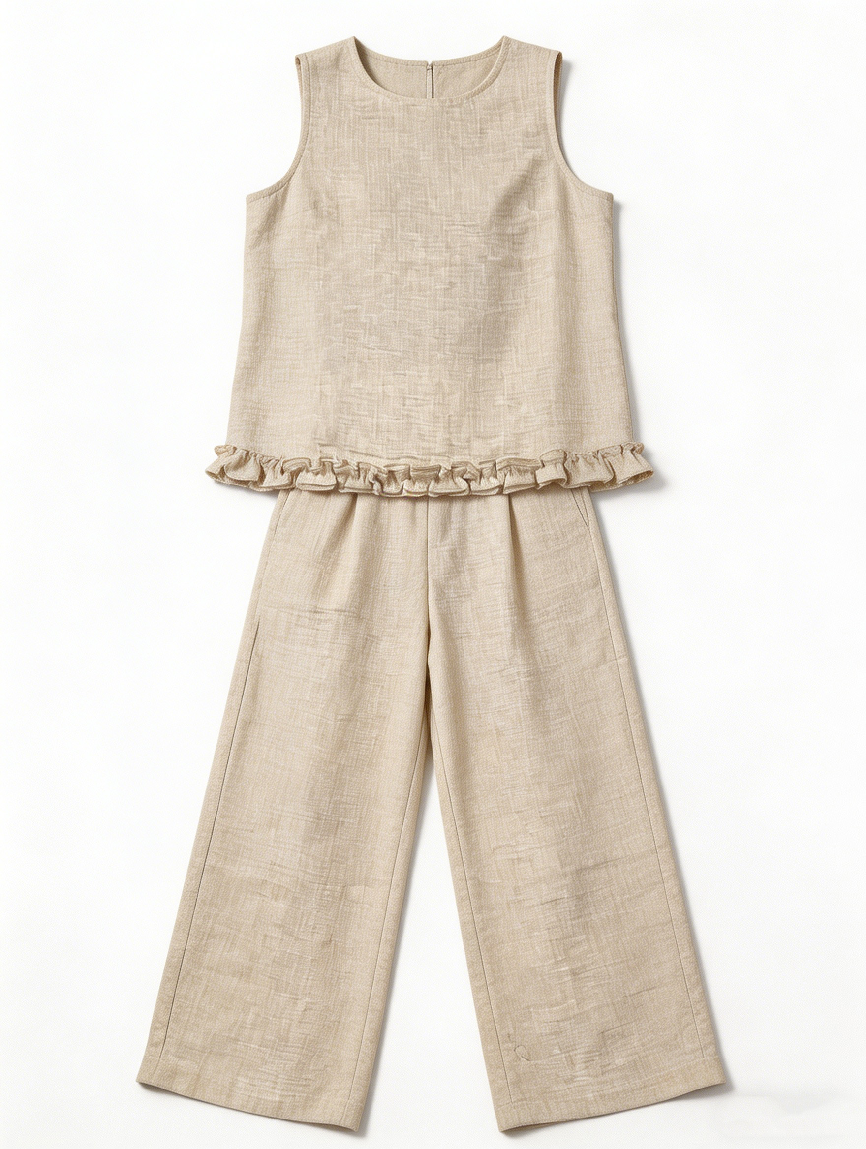 Women's Beige Textured Ruffle Hem Sleeveless Top & Wide Leg Pants Set  A-41587+A411615