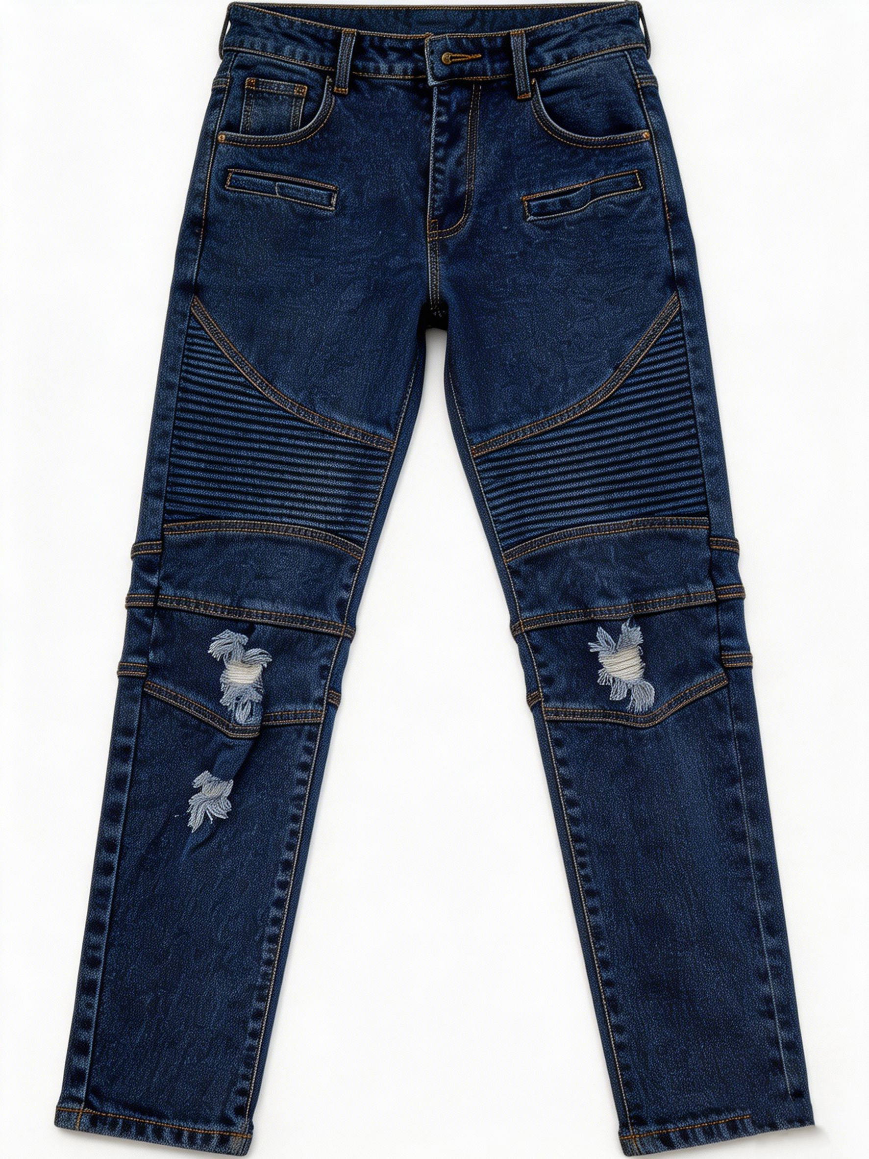 High-Waist Distressed Indigo Denim Pants with Ribbed Panel and Ripped Knees ZY6070