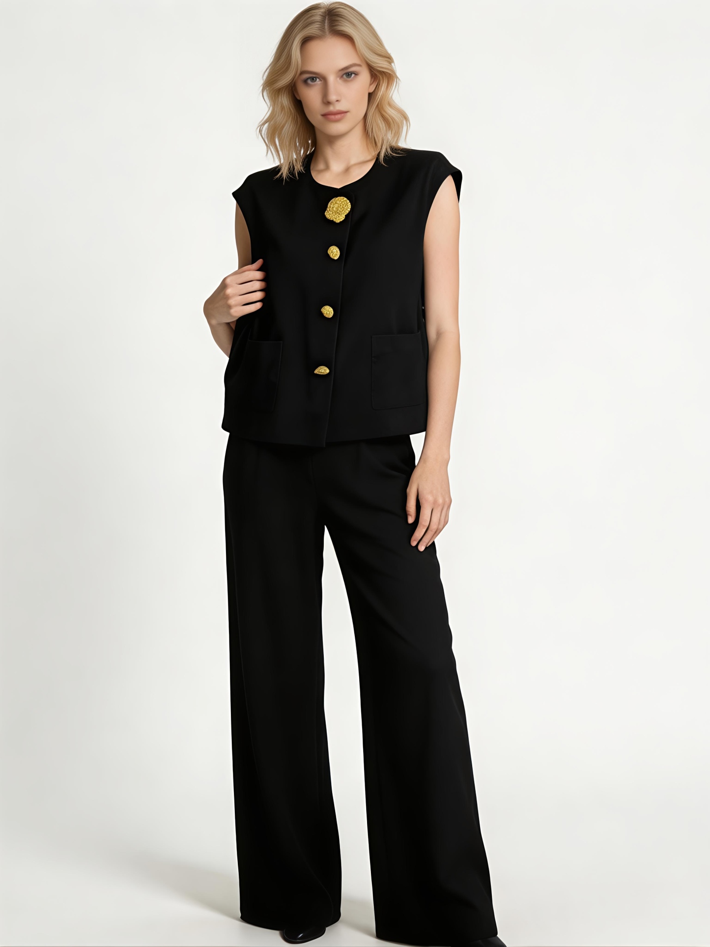 Minimalist Black Boxy Vest & Maxi Skirt Set with Statement Gold Buttons V-C36453