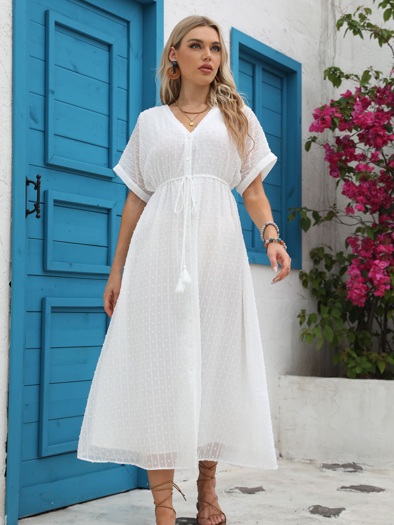 Women’s White Swiss Dot Boho Tassel Drawstring Midi Dress D-35487