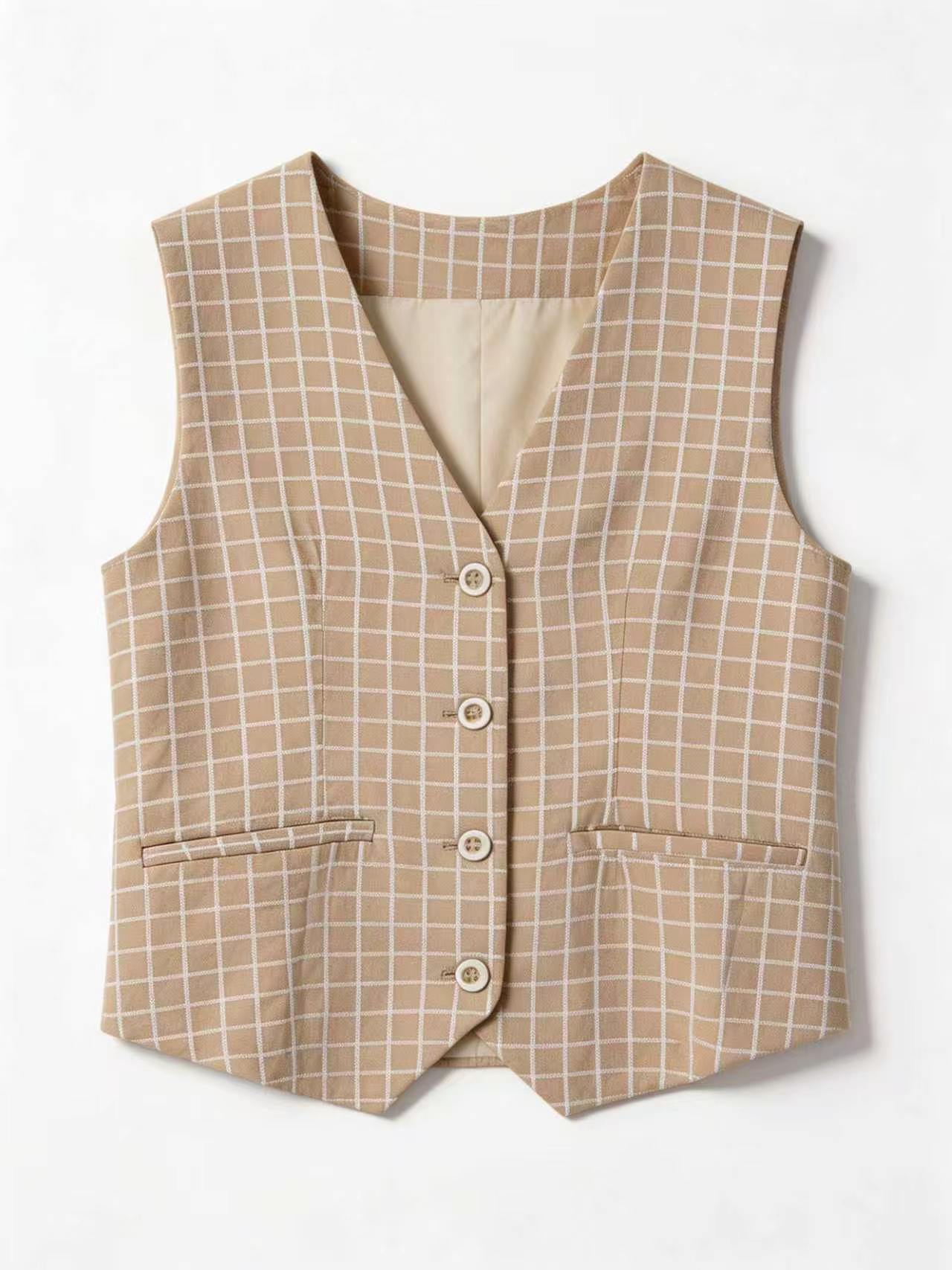 Minimalist Grid Print V-Neck Layering Vest AN-710012