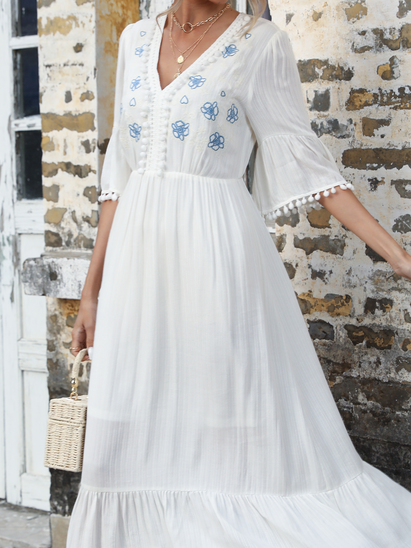 Bohemian White Embroidered Resort Midi Dress D-34438