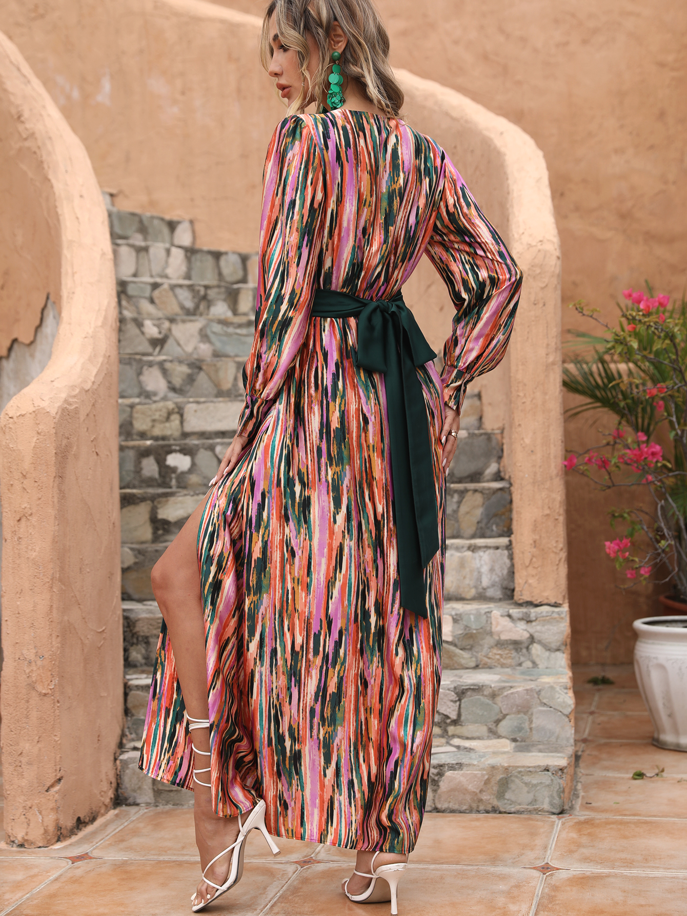Boho Abstract Print Maxi Dress with Waist Detail – Summer Resort Vacation Wear W-34112